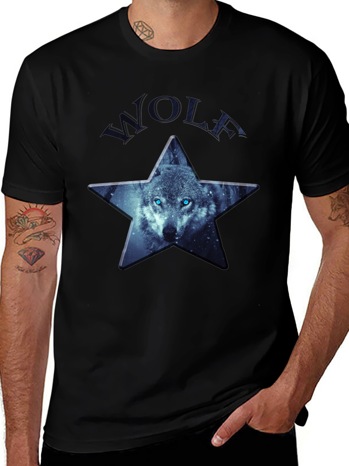 Variant 13 of Wolf Star Graphic Tee - Men's Black Crew Neck T-Shirt
