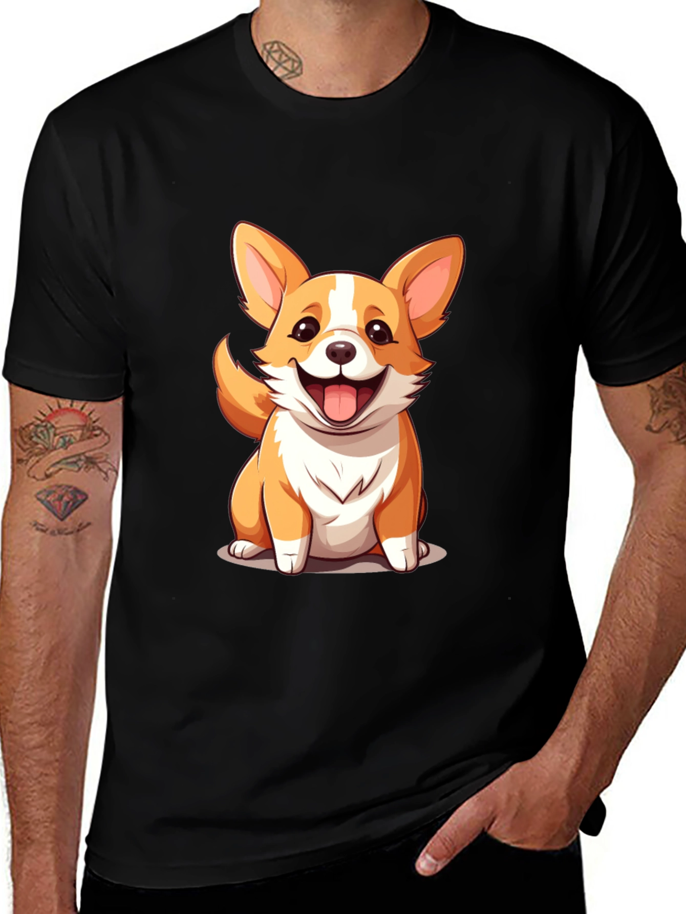 Variant 2 of Cute Corgi Graphic Tee - Black Cotton T-Shirt