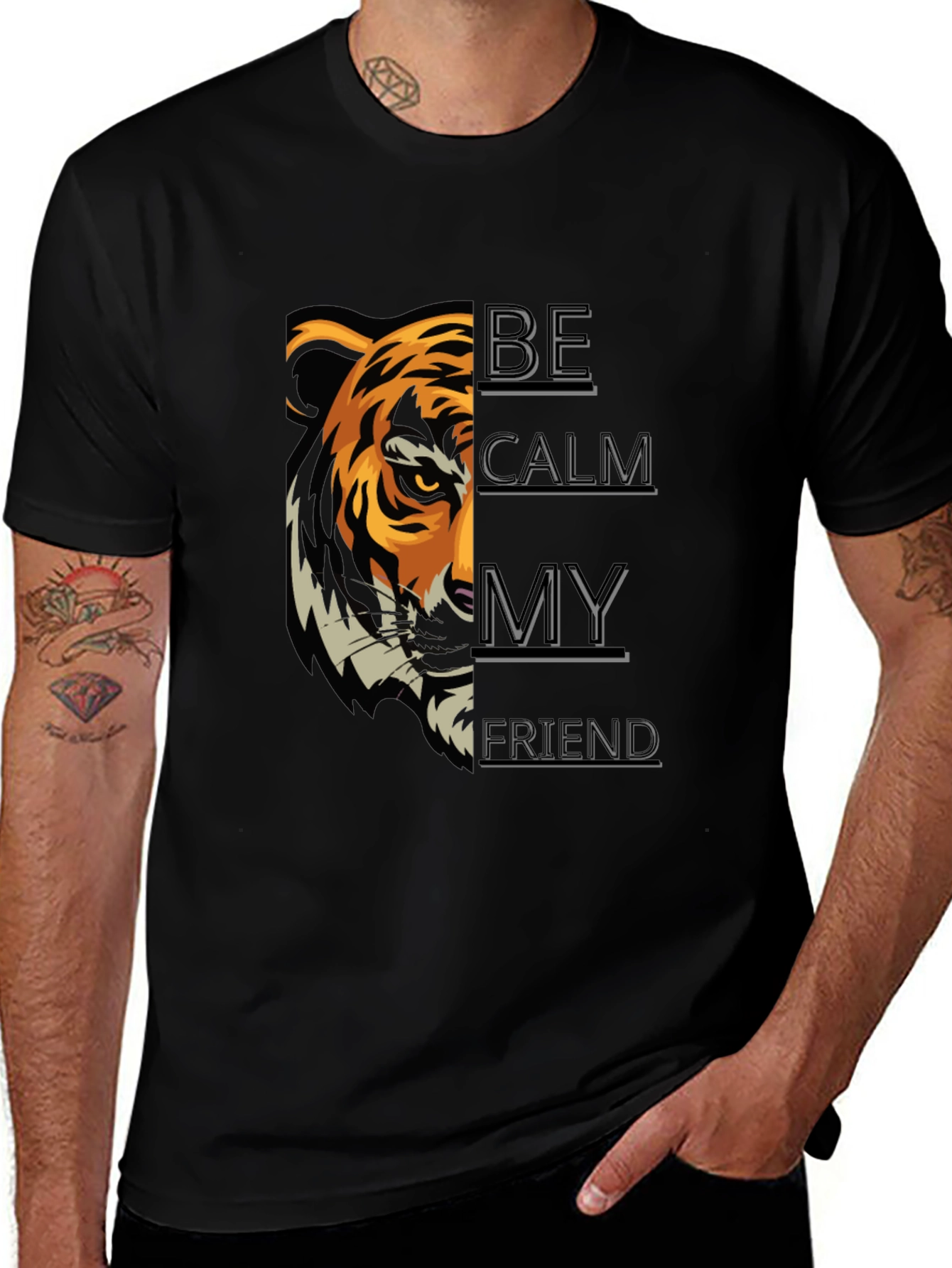 Be Calm My Friend Tiger Graphic Black T-Shirt