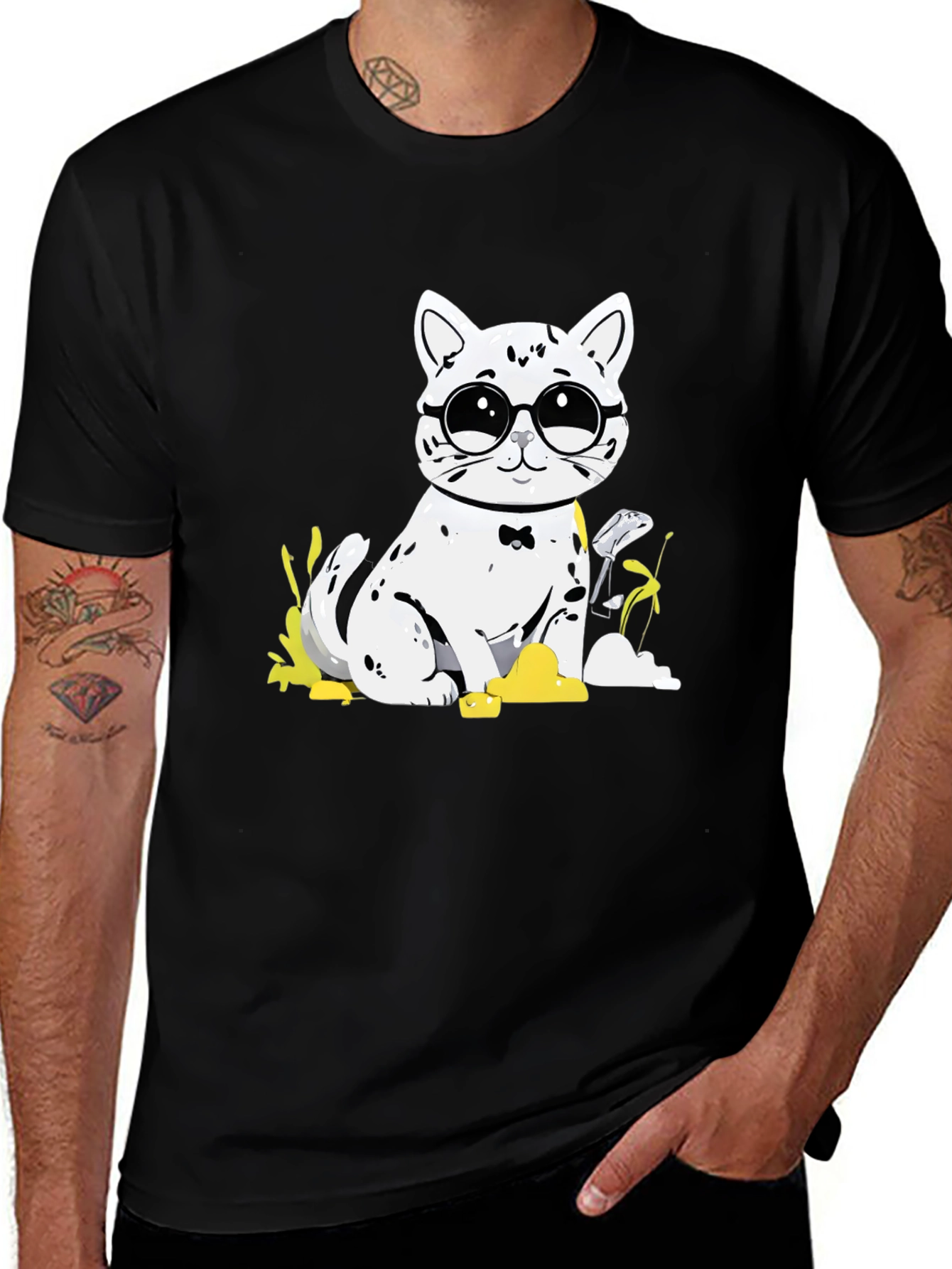Variant 3 of Cat with Glasses T-Shirt - Black Cotton Tee