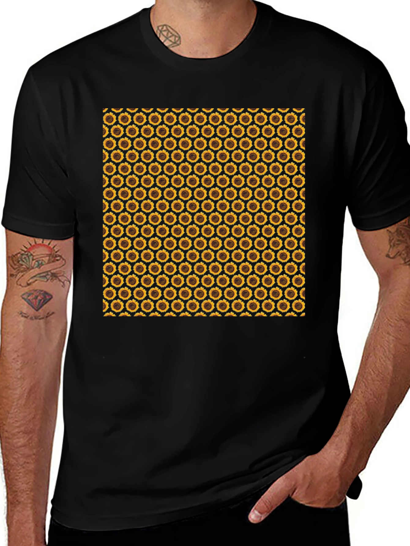 Variant 13 of Sunflower Pattern Black T-Shirt
