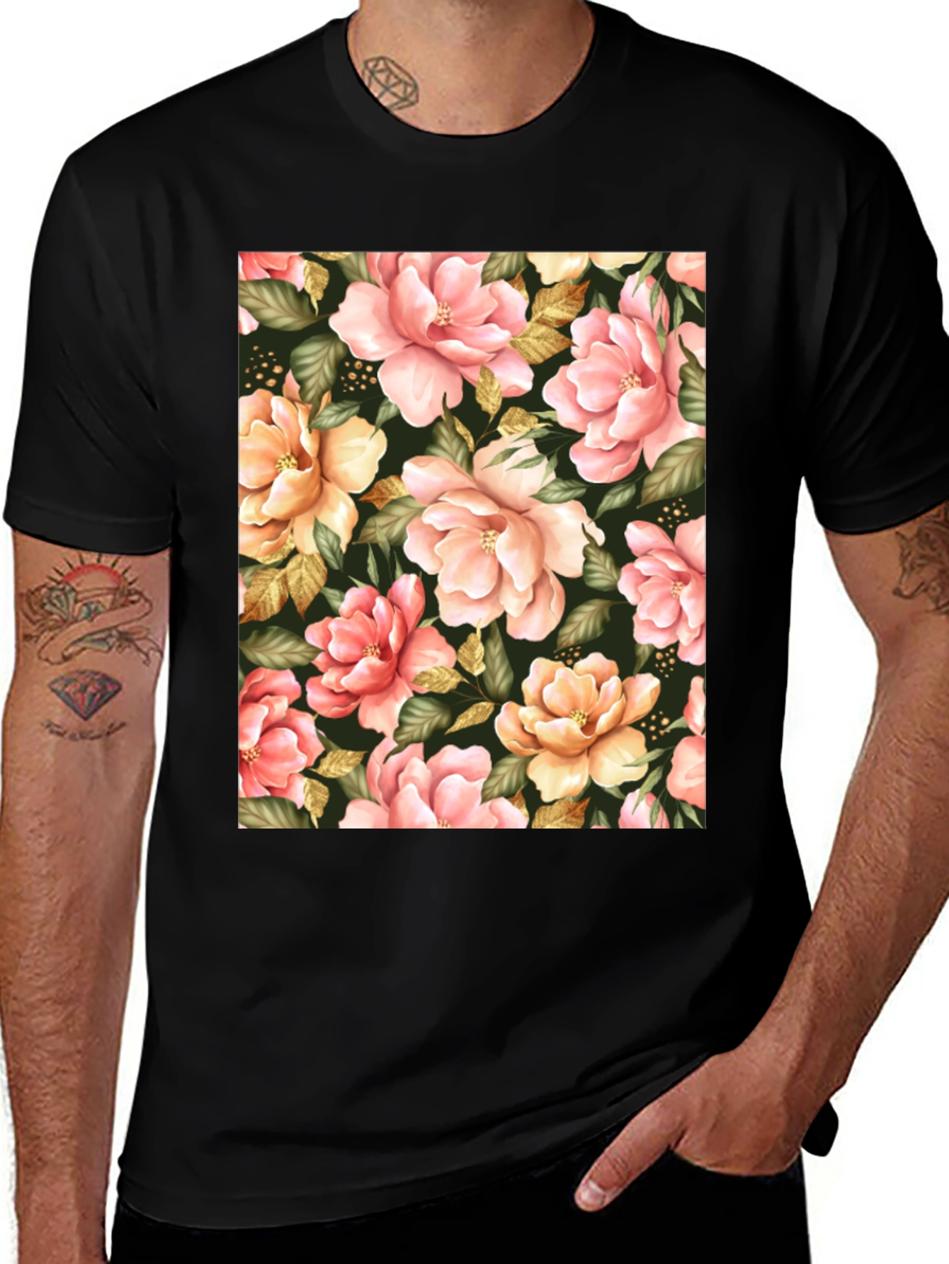 Variant 26 of Floral Print Black T-Shirt - Unique Botanical Design