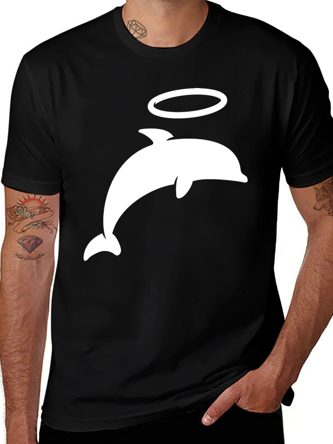 Variant 13 of Men's Black T-Shirt - Dolphin Angel Graphic Tee