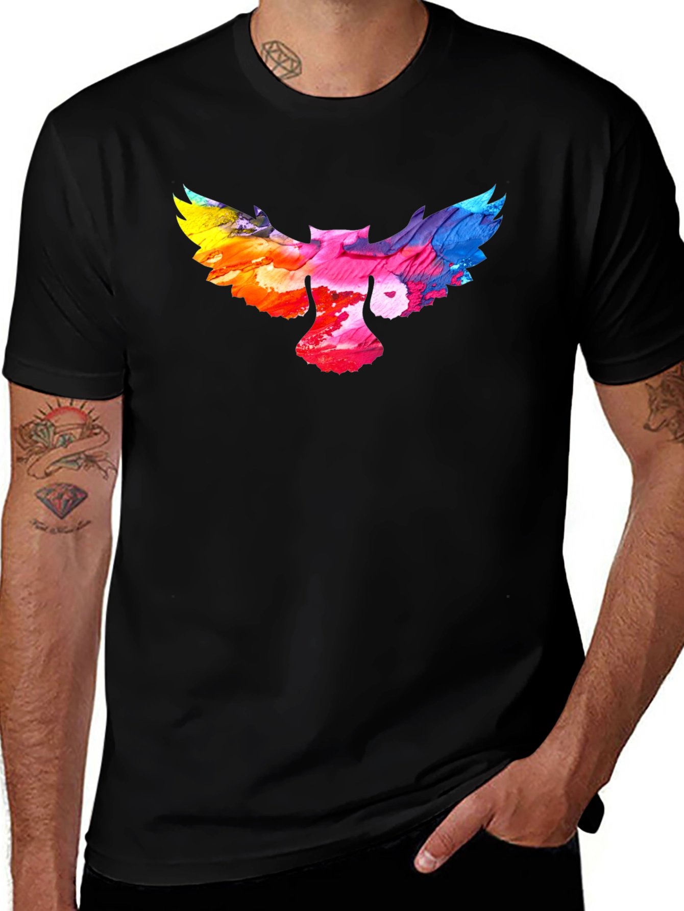 Variant 22 of Colorful Owl Graphic Print Black T-Shirt