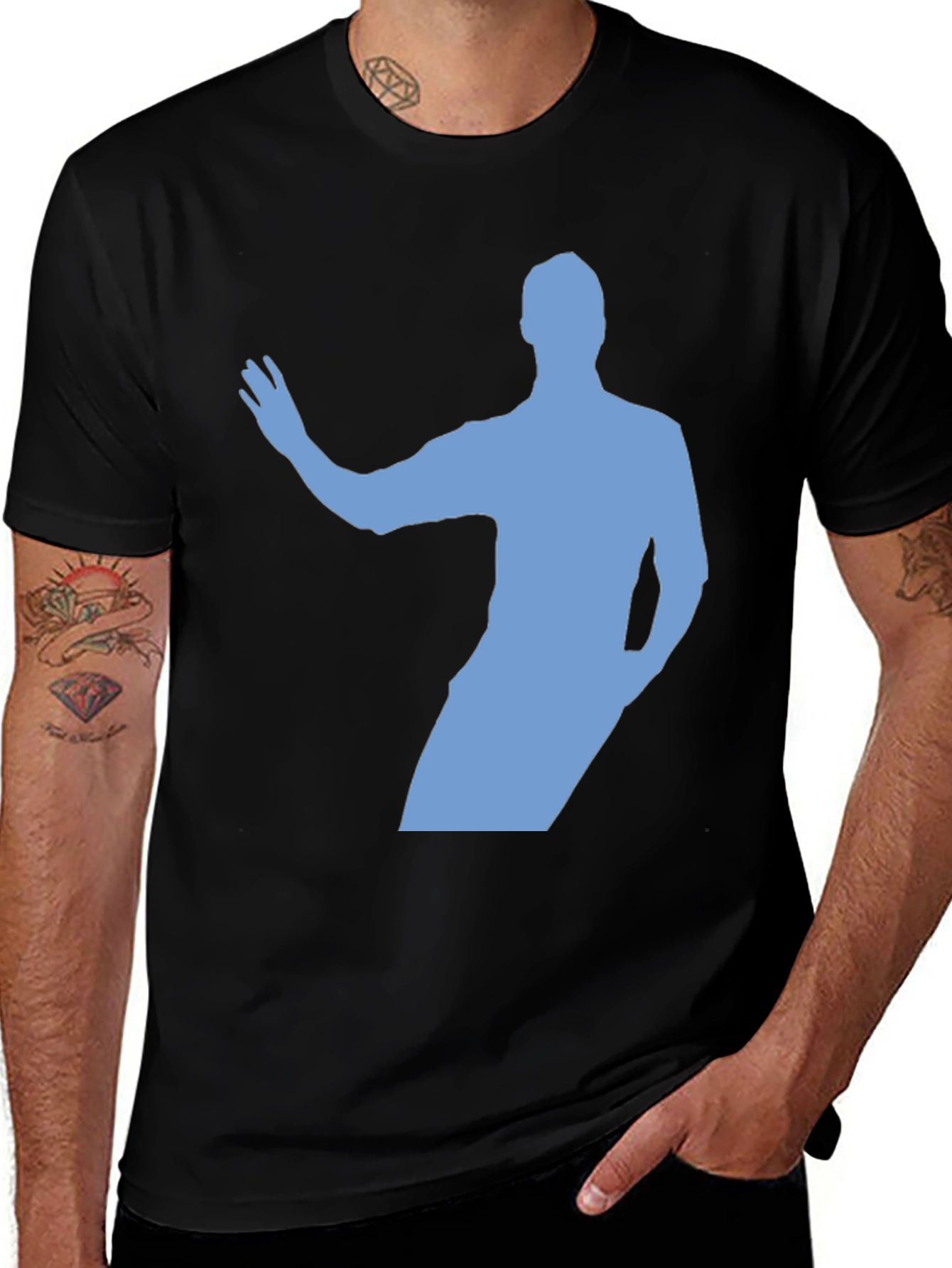 Variant 12 of Black T-Shirt with Light Blue Figure Silhouette Design