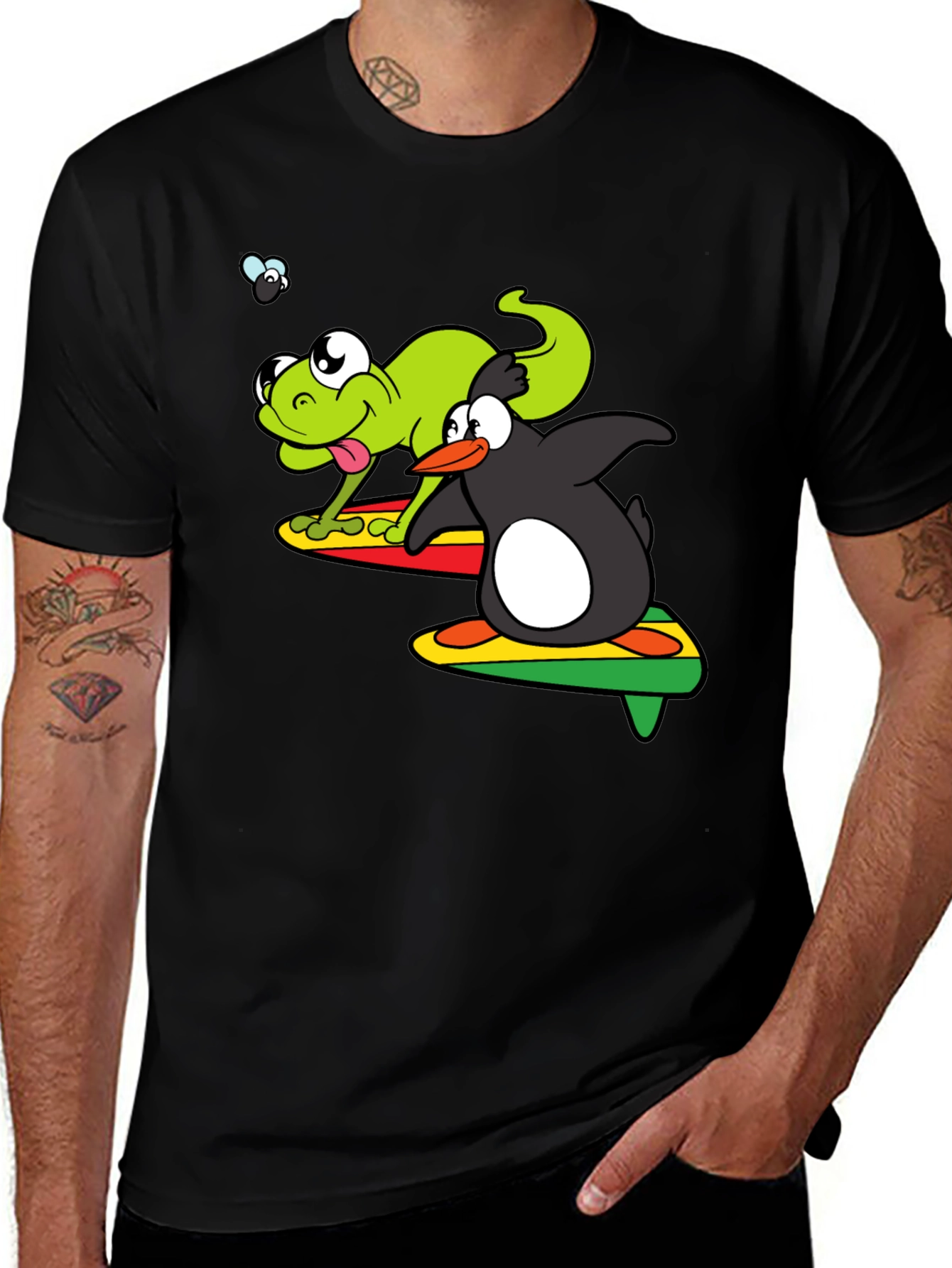 Variant 24 of Frog & Penguin Surfing Graphic Tee - Black