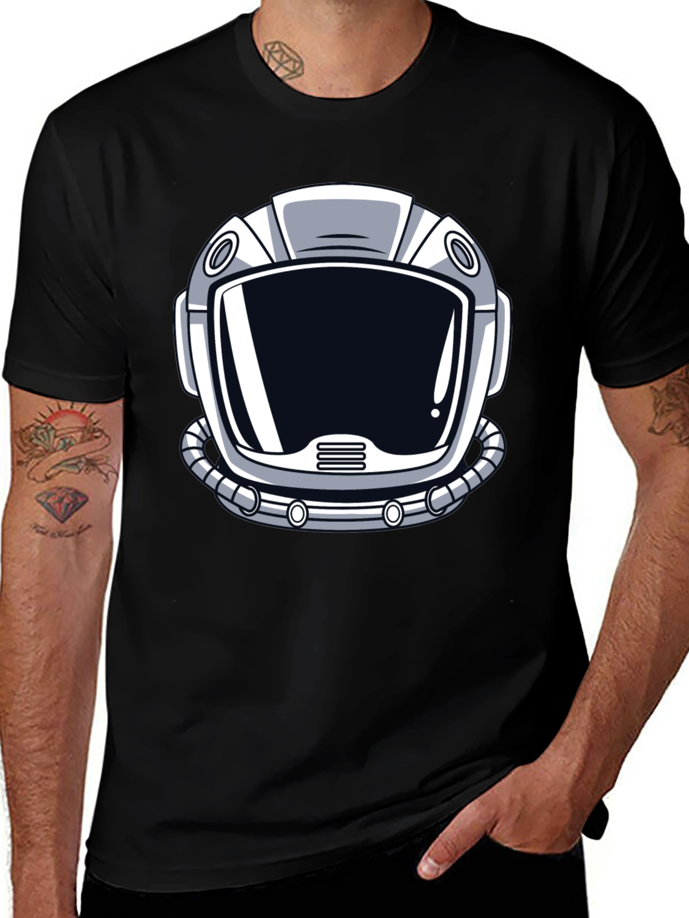 Astronaut Helmet Graphic Tee - Black Cotton T-Shirt