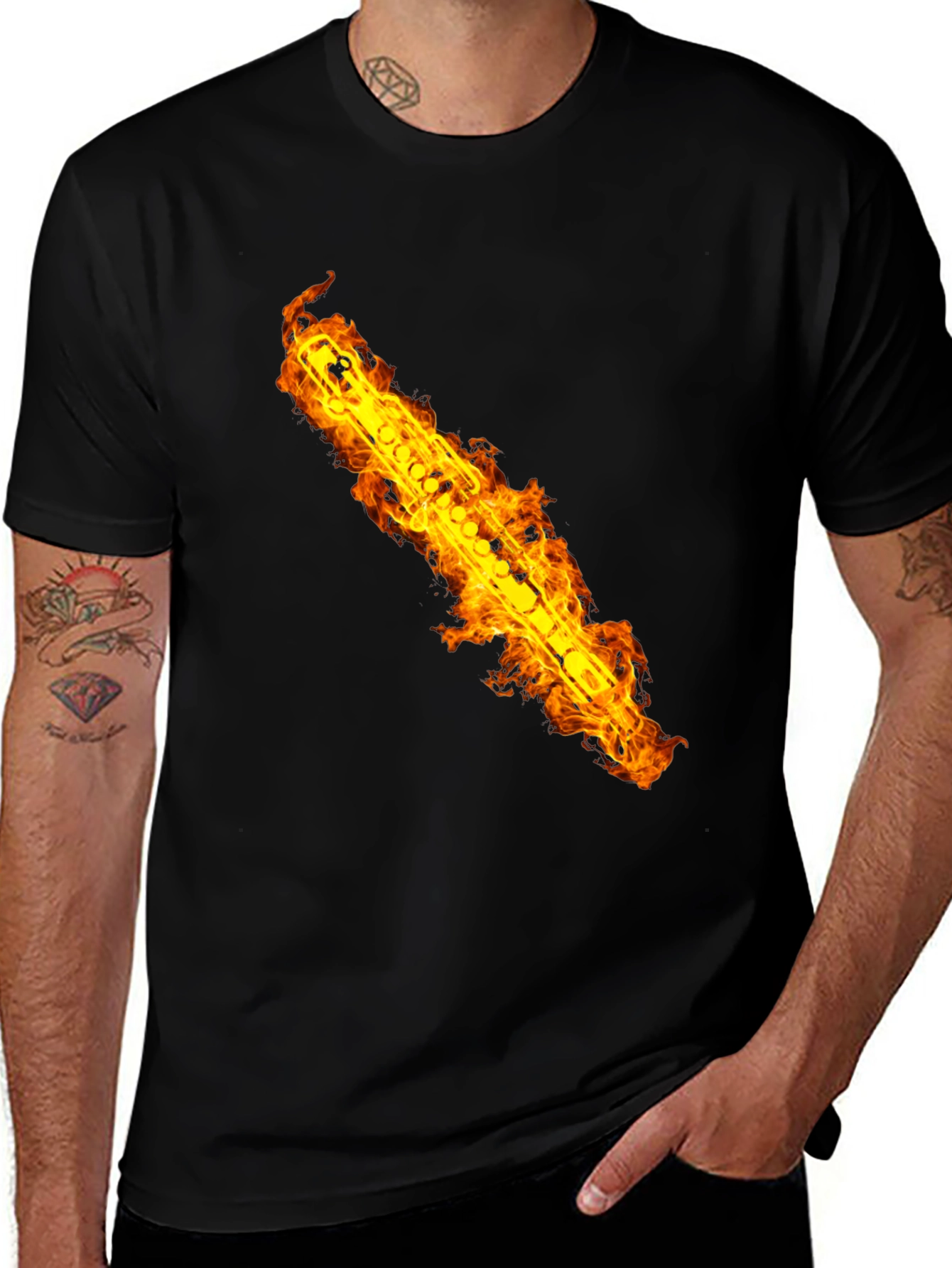Variant 27 of Fiery Flute Graphic Tee - Musician's Cool Black T-Shirt