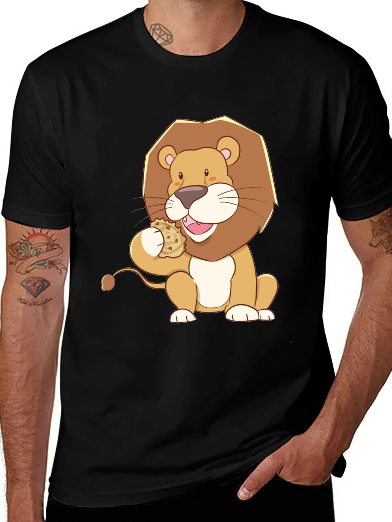 Black Lion Eating Cookie Graphic Tee - Black Cotton Shirt main image