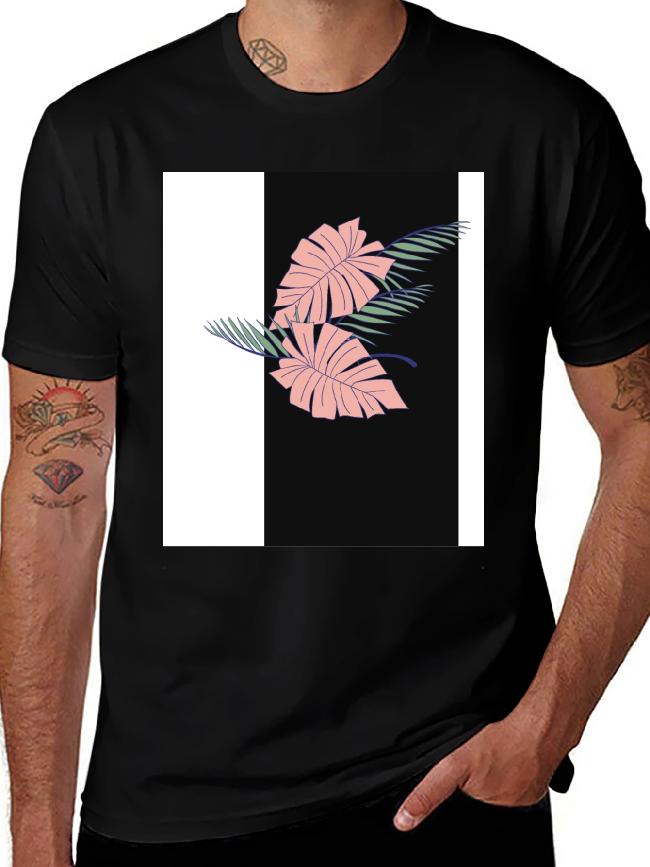 Variant 6 of Tropical Leaves Graphic Black T-Shirt