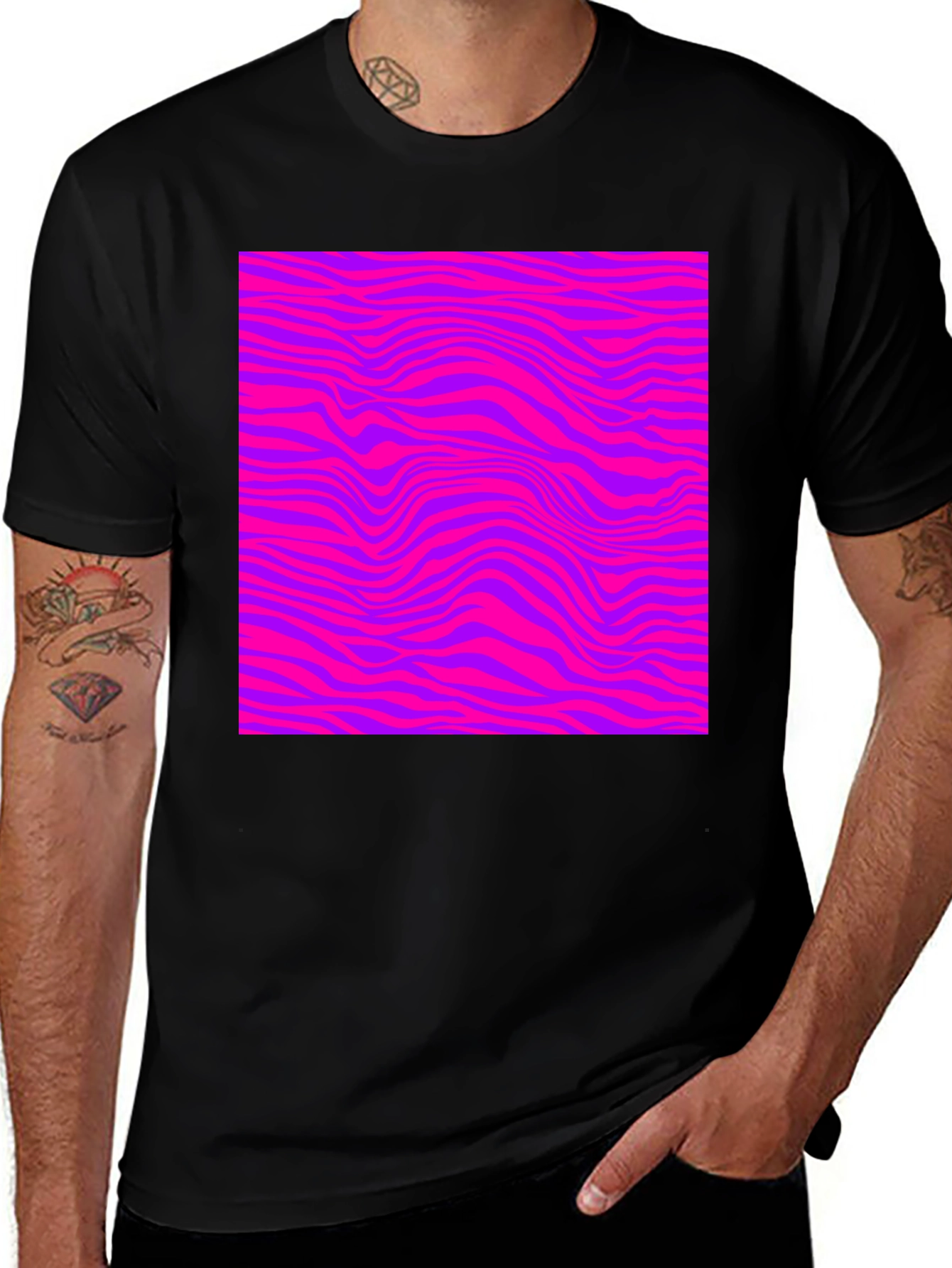 Vibrant Pink & Purple Wave Pattern Black Tee