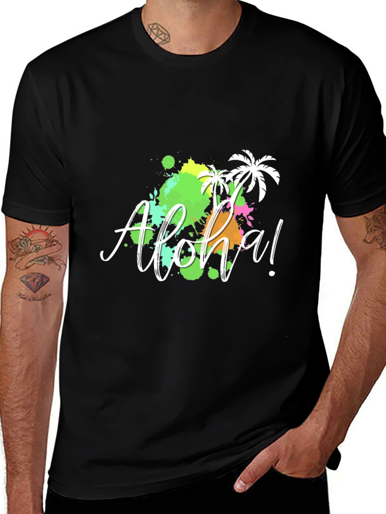 Variant 16 of Aloha! Black T-Shirt with Tropical Splatter