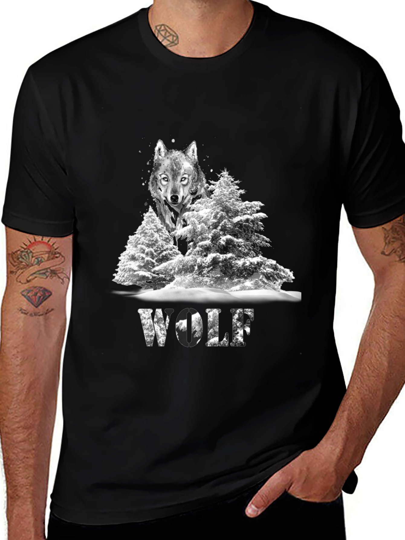 Variant 12 of Wolf in Winter T-Shirt, Graphic Print, Black