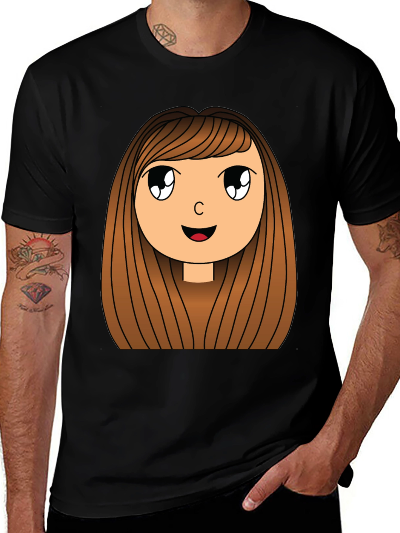 Cartoon Girl Graphic Print Black T-Shirt