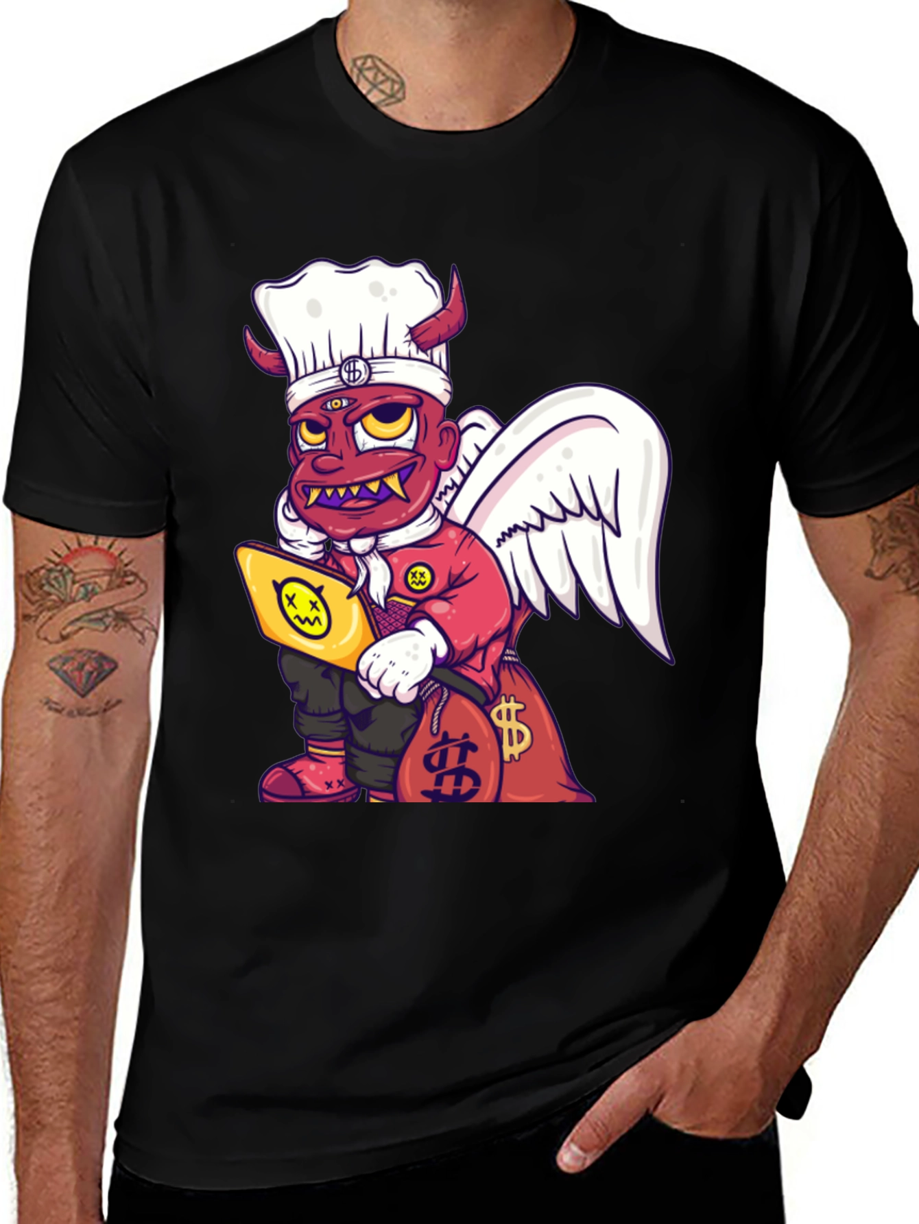 Cartoon Angel & Devil Chef Graphic T-Shirt