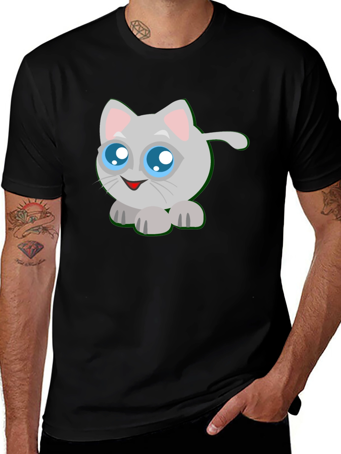 Variant 5 of Cute Cartoon Cat Graphic Black T-Shirt