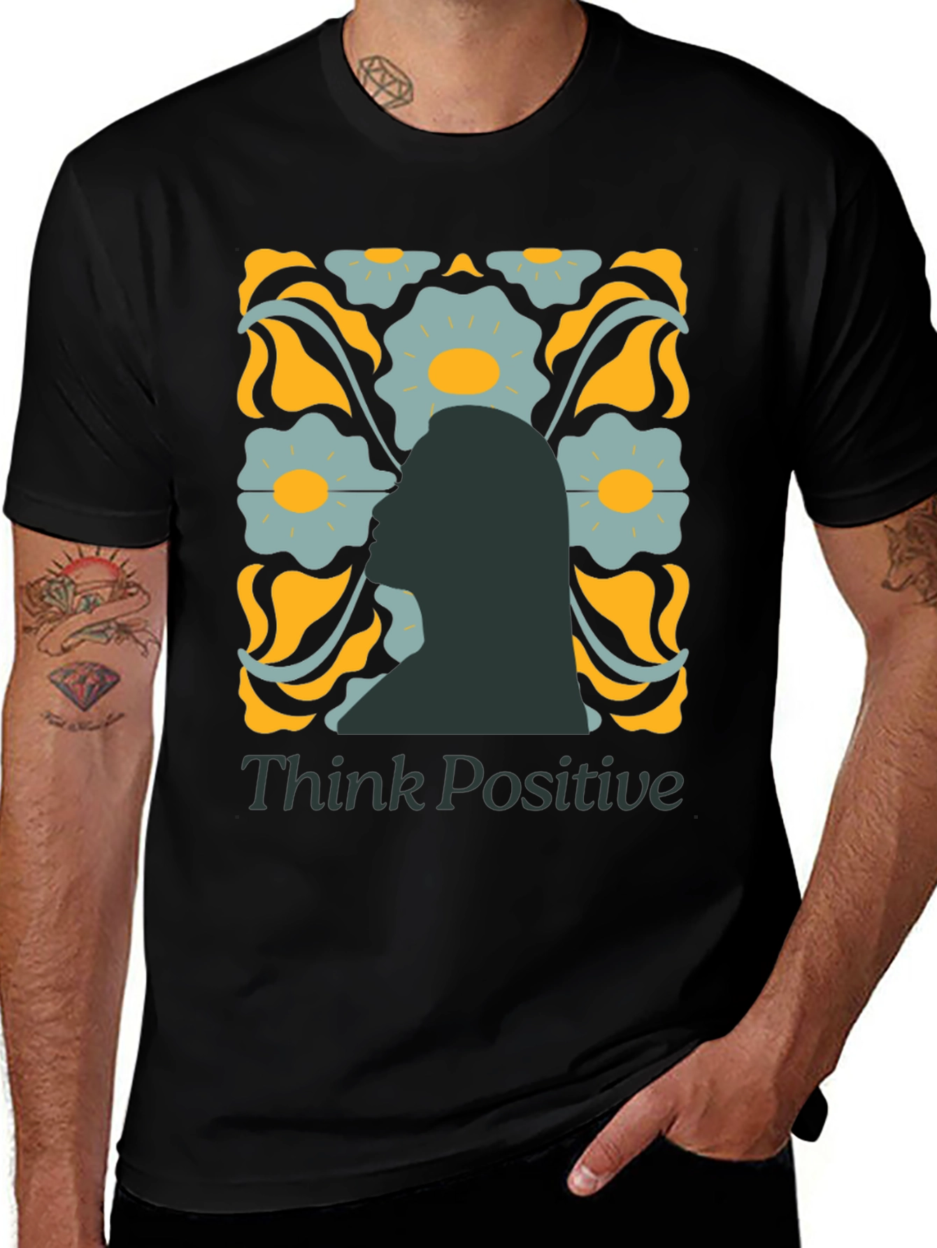 Variant 18 of Think Positive Graphic Tee - Retro Floral Design