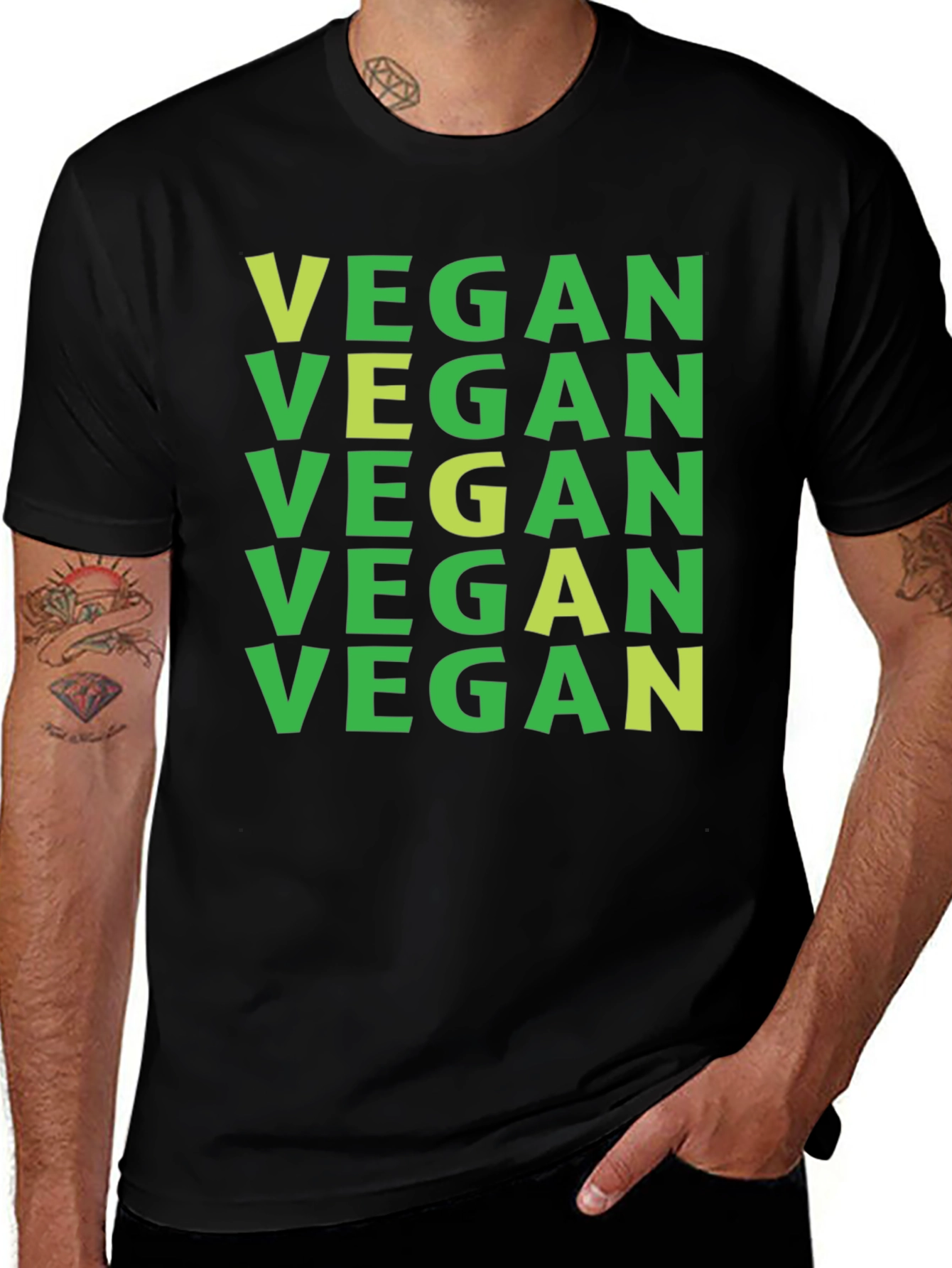 Variant 7 of Vegan T-Shirt: Green on Black, Repeat Print