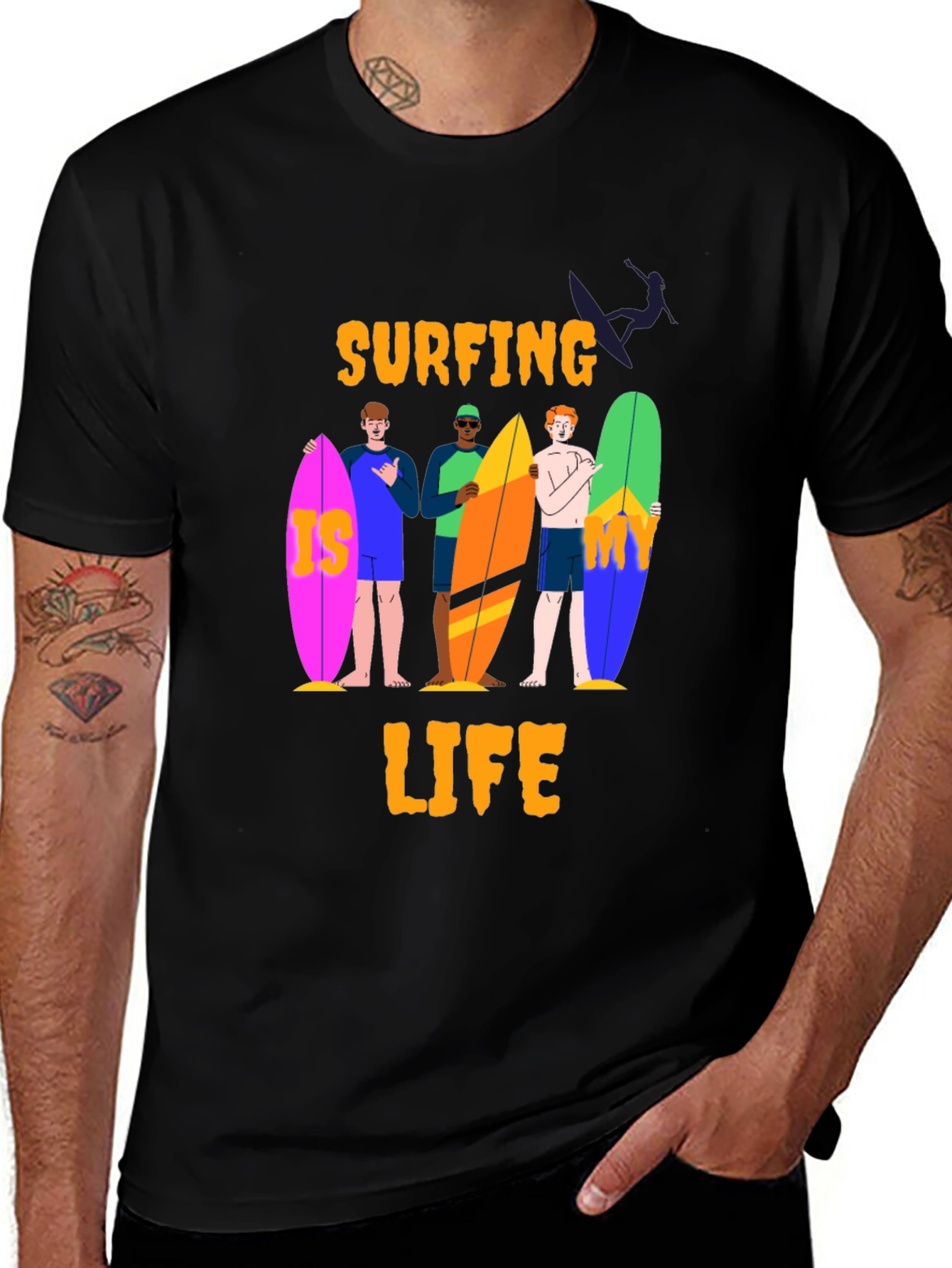 Variant 20 of Surfing Life Graphic Tee - Black Cotton T-Shirt
