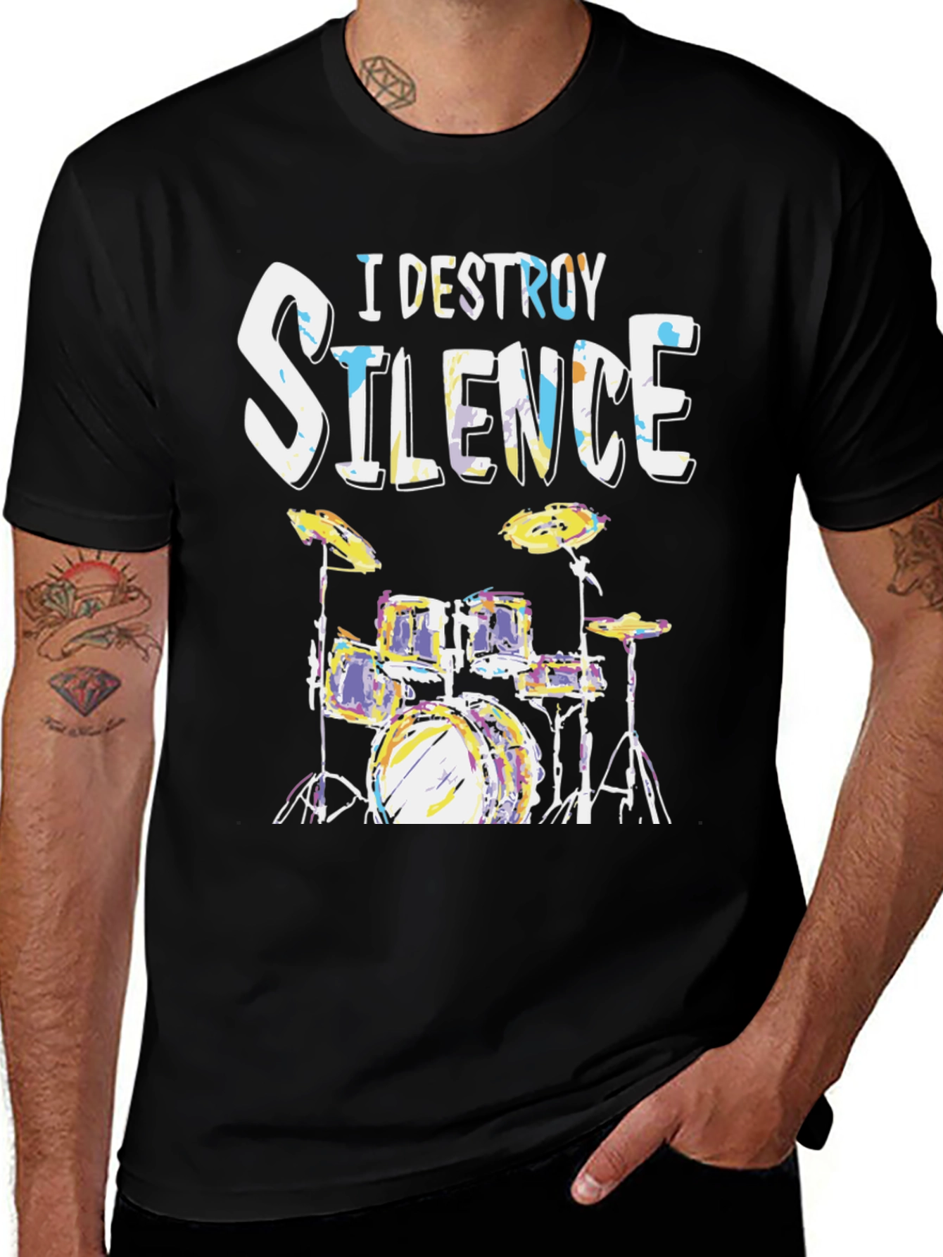 Variant 3 of I Destroy Silence Drum Set Black T-Shirt