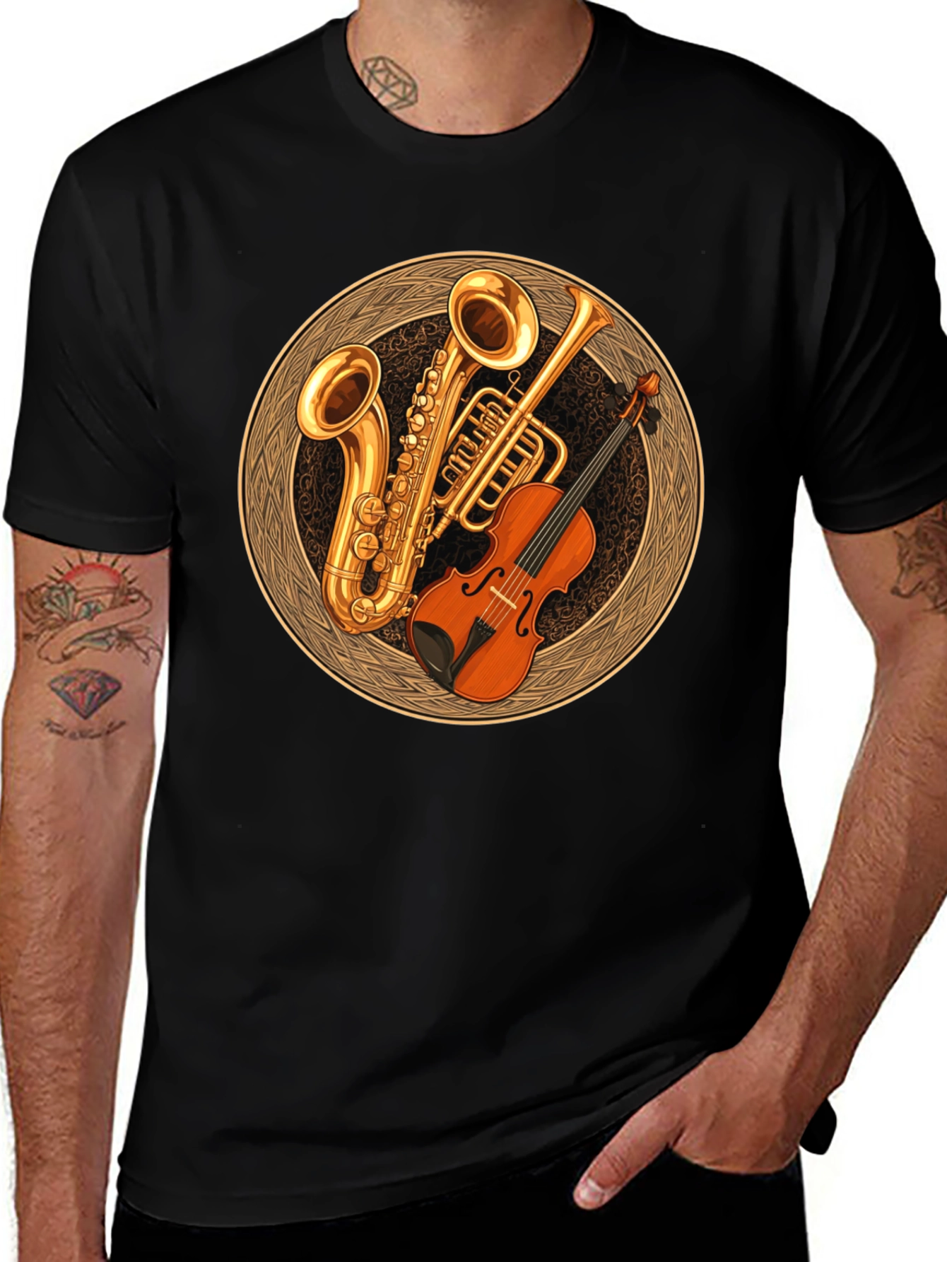 Variant 6 of Musical Instruments T-Shirt: Saxophone, Trumpet, Violin Design