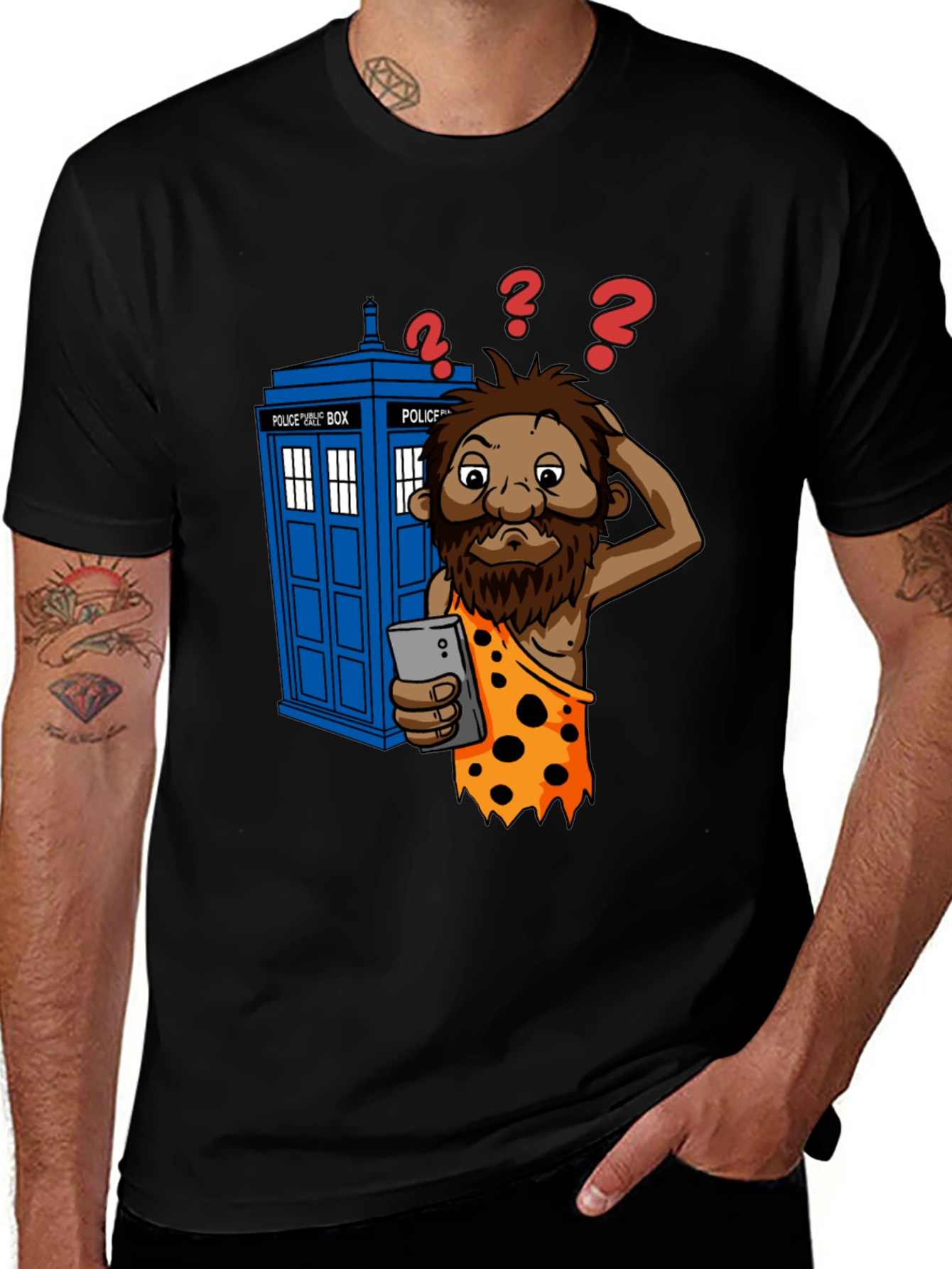 Variant 12 of Time Traveler T-Shirt - Confused Caveman & Phone