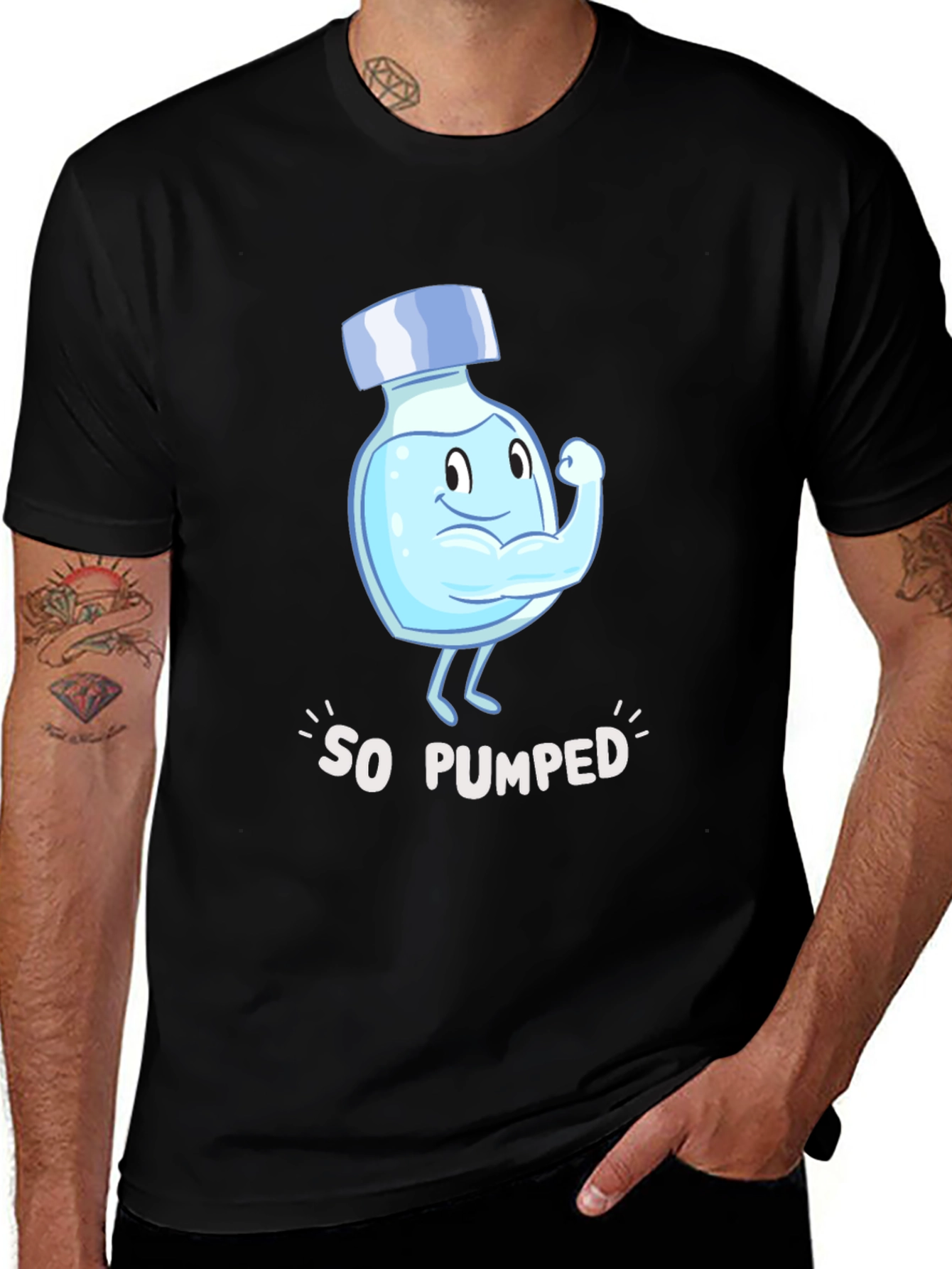 So Pumped Water Bottle Cartoon Graphic Black T-Shirt