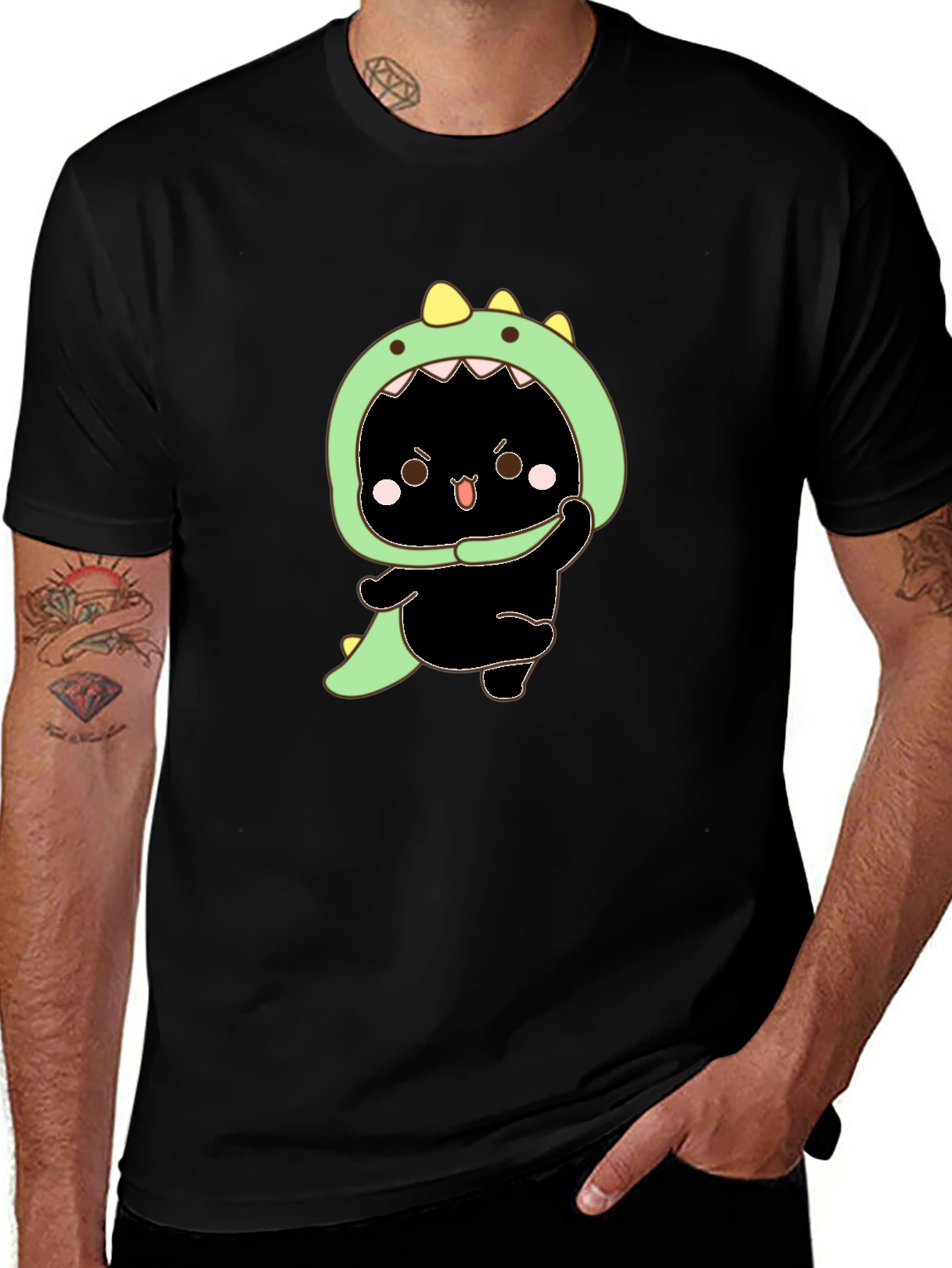 Variant 27 of Dino Cat Graphic Tee - Black Cotton T-Shirt