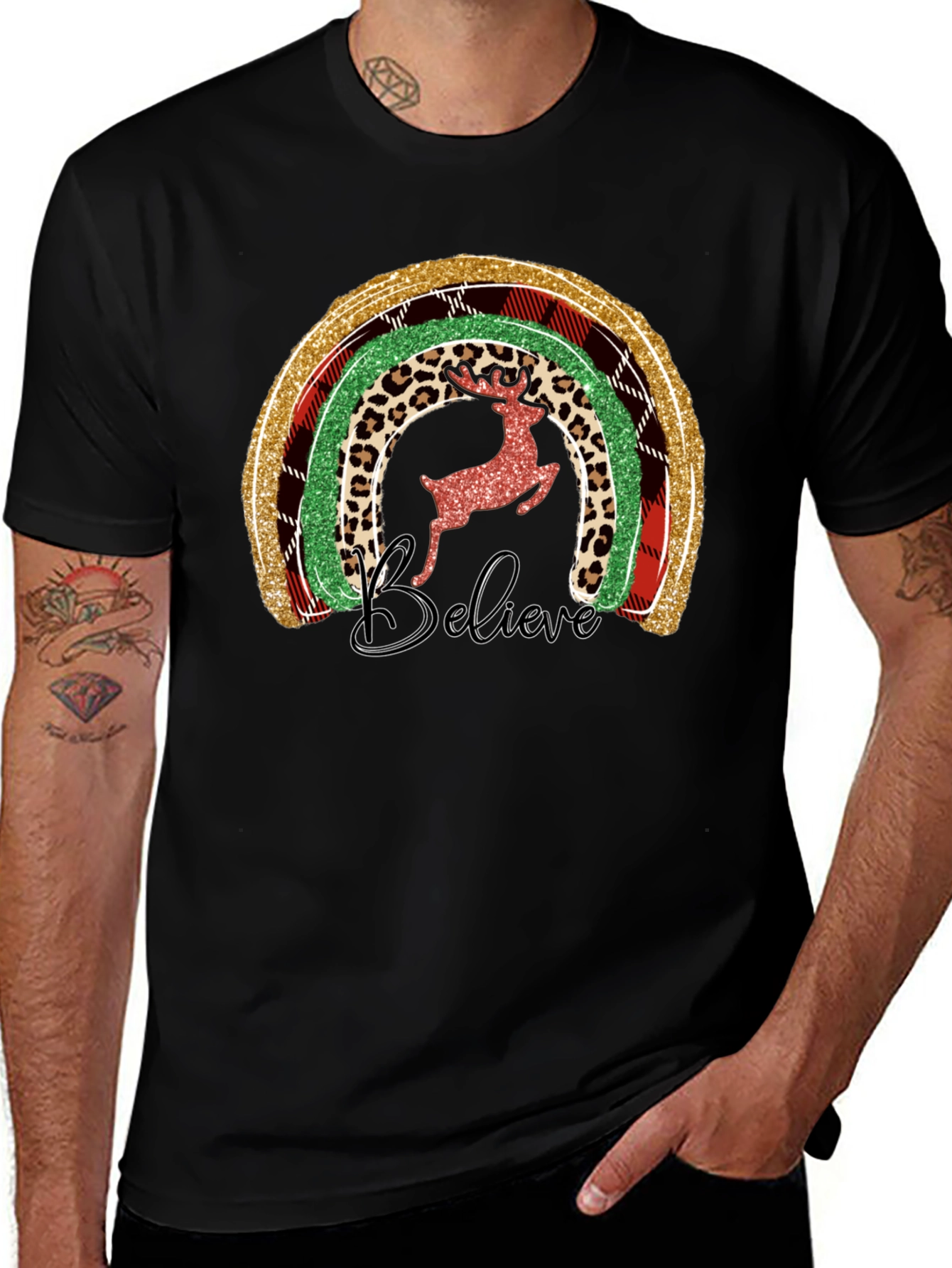 Festive Rainbow Reindeer Believe Graphic Tee