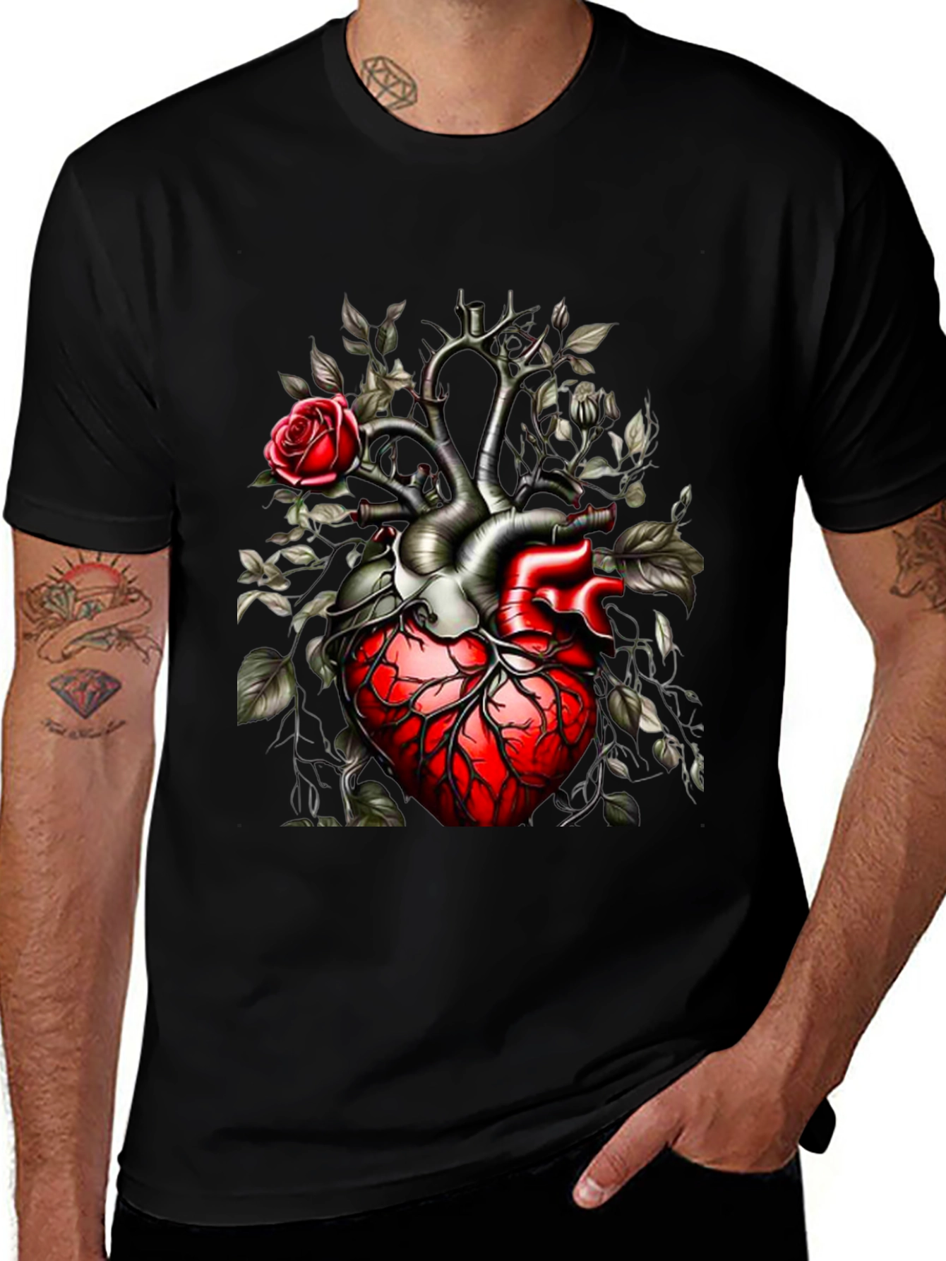 Variant 4 of Anatomical Heart & Rose Black T-Shirt - Unique Gothic Design
