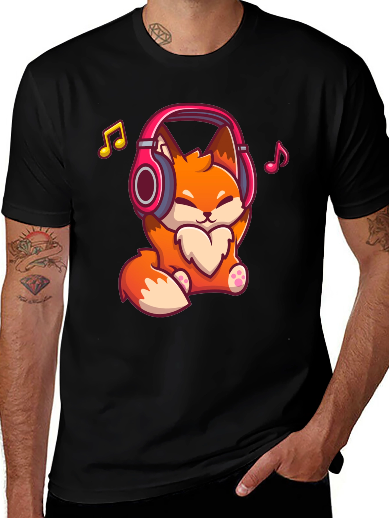 Variant 13 of Cute Fox with Headphones Black T-Shirt
