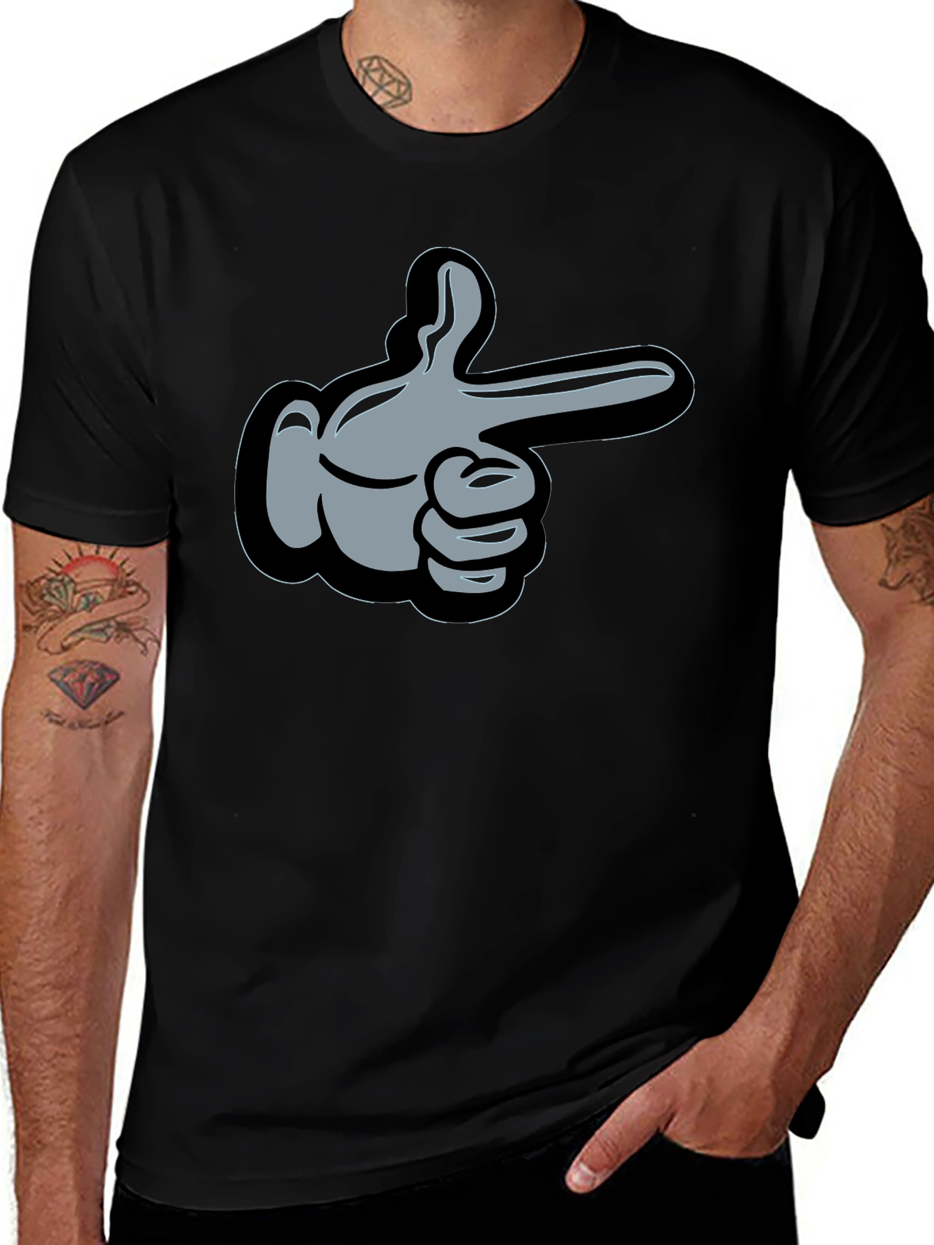 Cartoon Hand Graphic T-Shirt - Black Cotton Tee