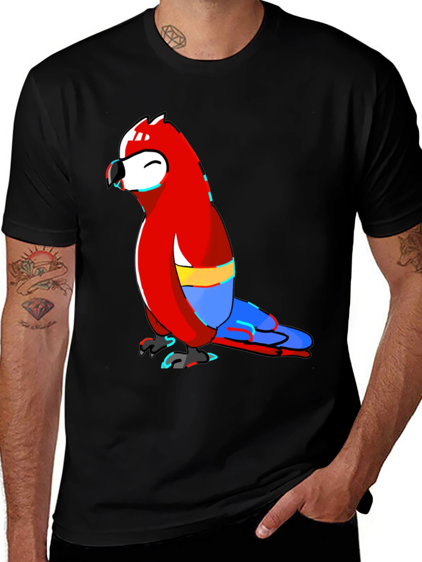 Variant 14 of Cartoon Parrot Graphic T-Shirt - Black Crew Neck Tee