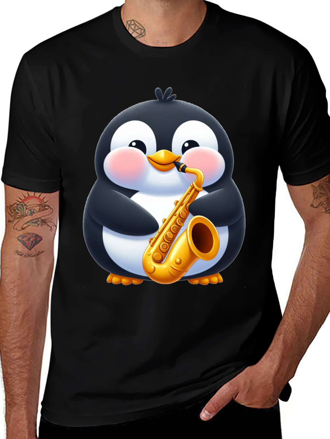 Variant 13 of Penguin Saxophone Black T-Shirt - Cartoon Music Tee