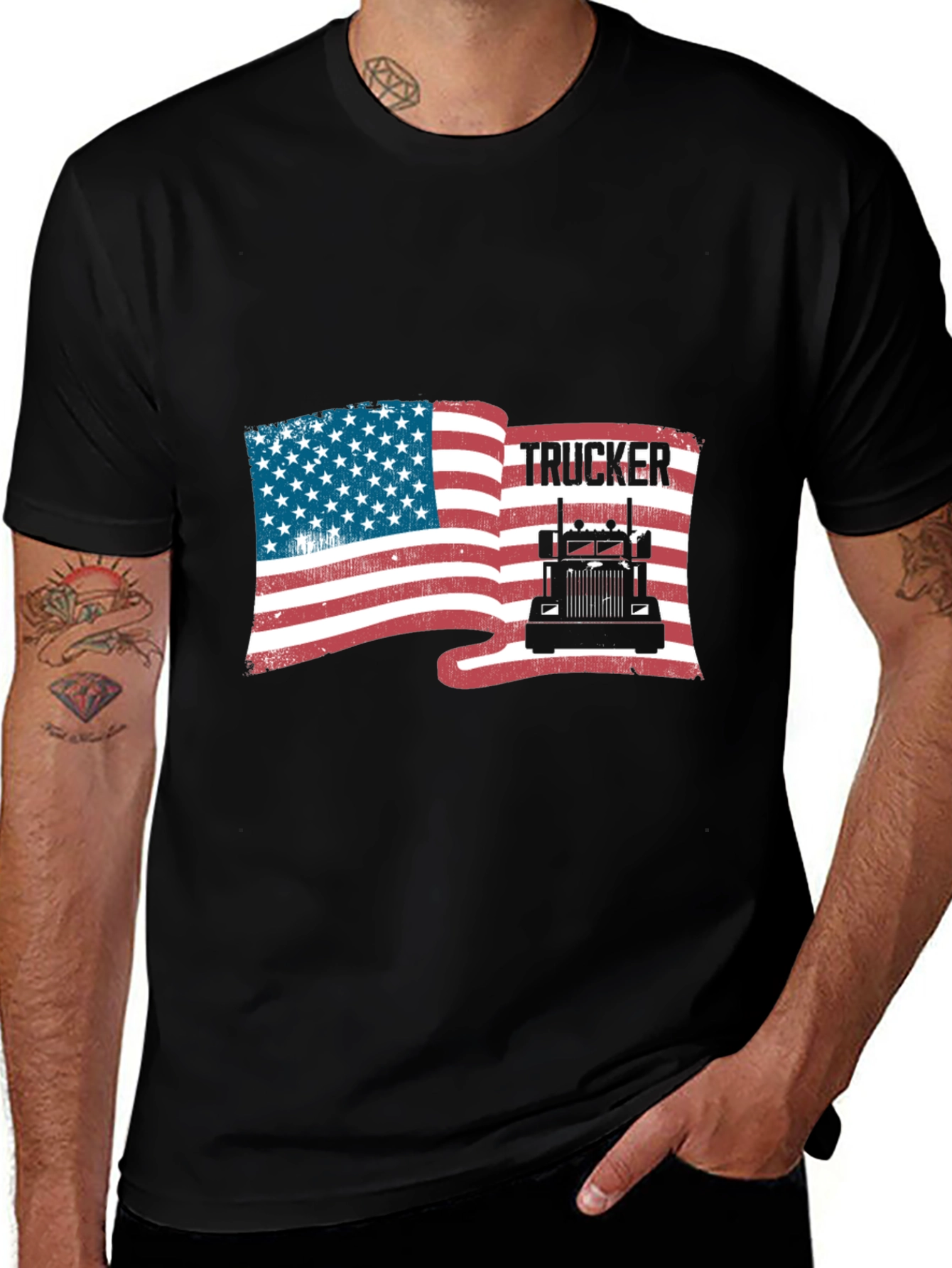 Variant 29 of American Trucker Flag Graphic Tee - Black