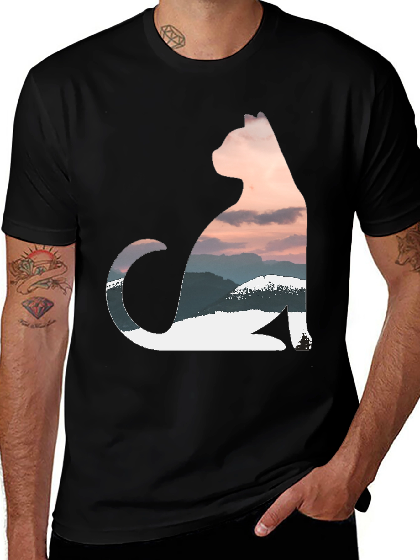 Variant 7 of Cat Silhouette Mountain Scene Black T-Shirt