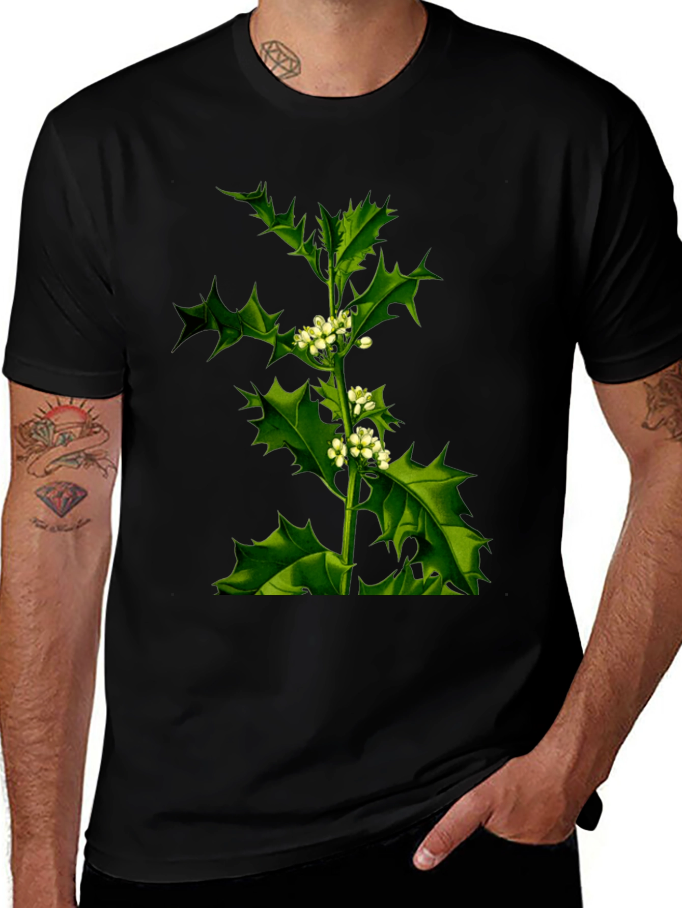 Variant 28 of Botanical Holly Print Black T-Shirt