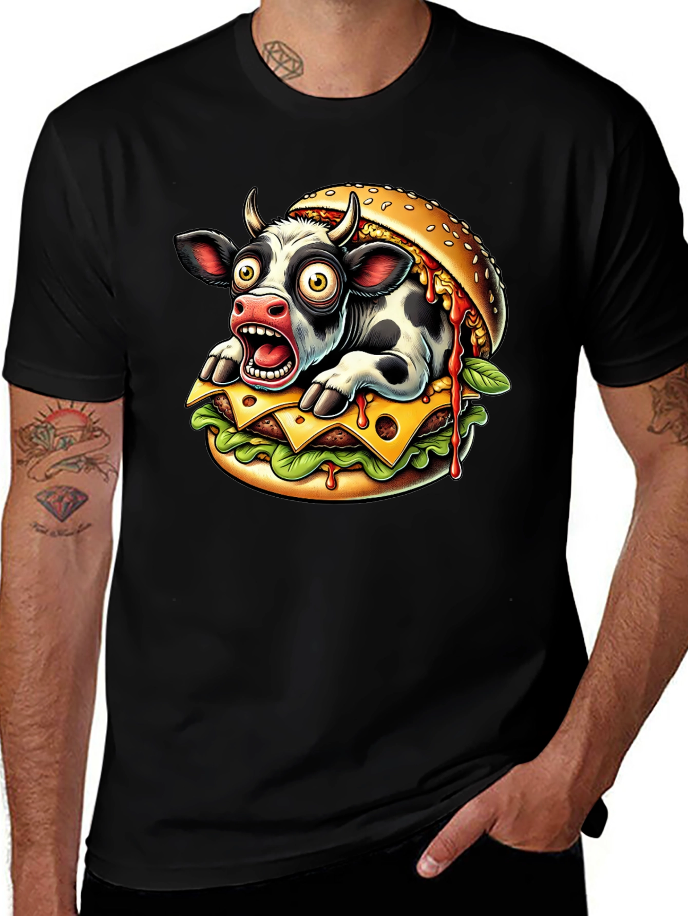Variant 4 of Cow in Burger T-Shirt - Funny Cartoon Design