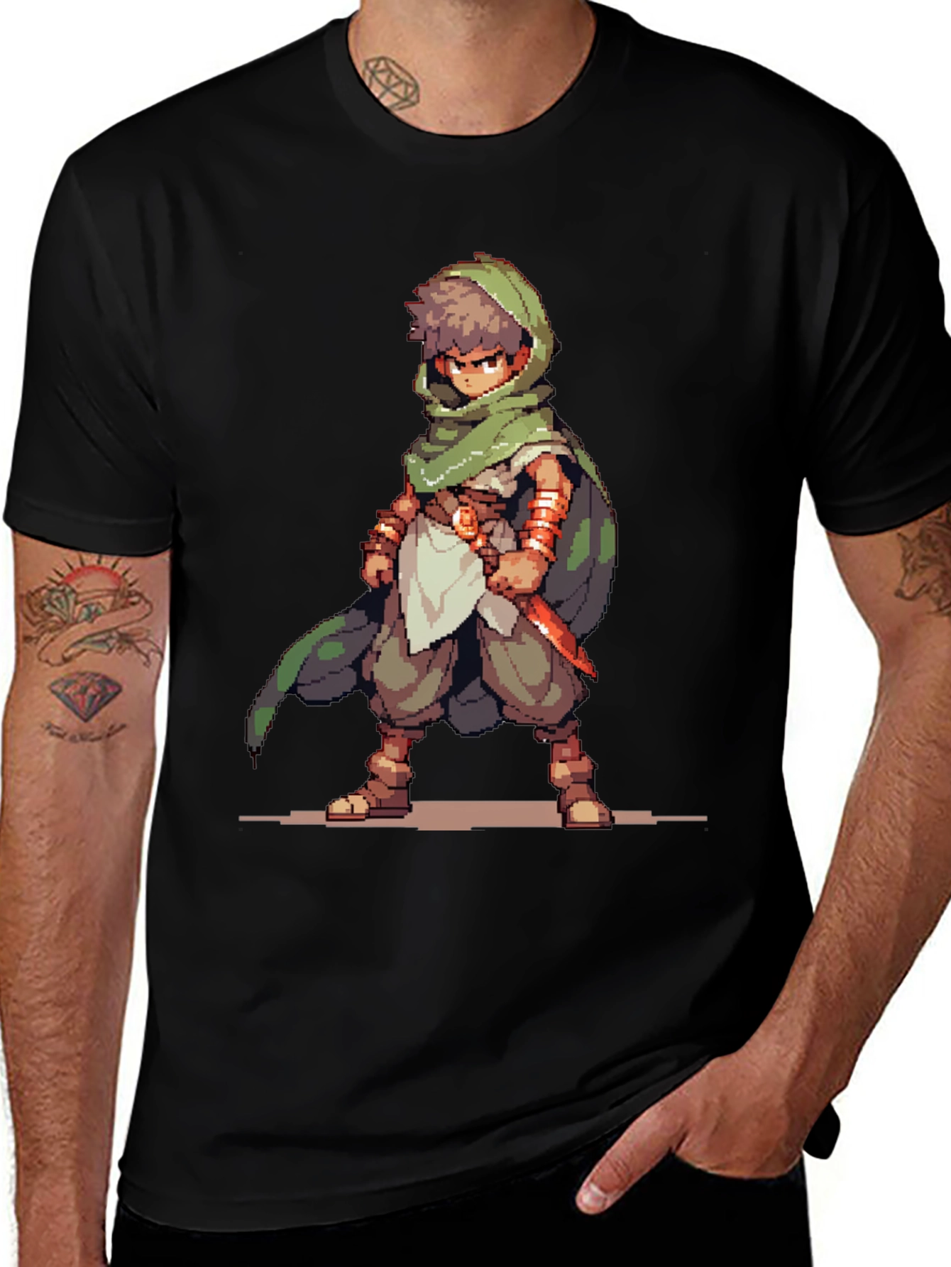 Black Pixel Art RPG Character Graphic Tee - Black Cotton Blend main image