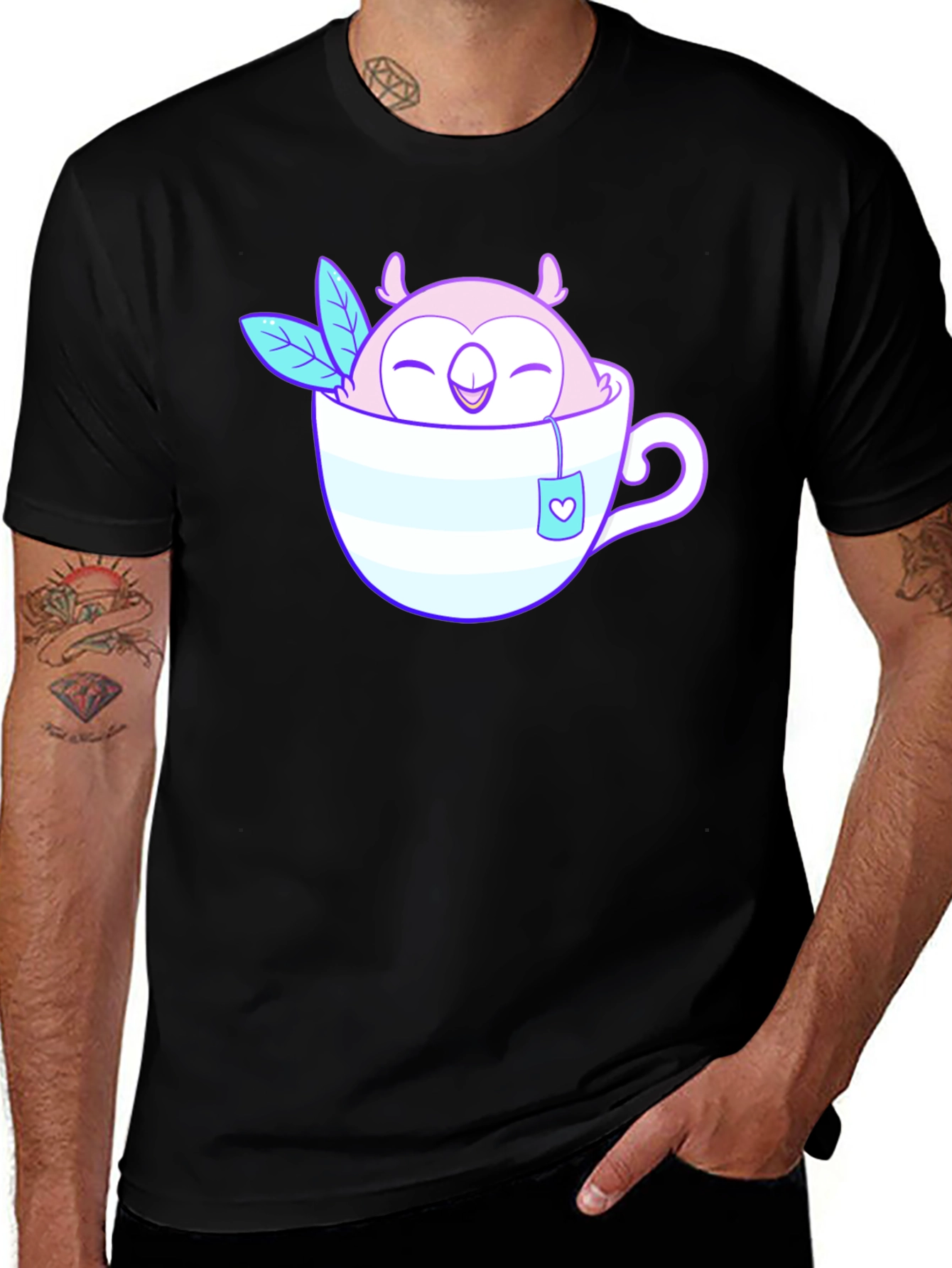 Variant 10 of Cute Owl in Teacup Graphic Tee - Black Cotton T-Shirt