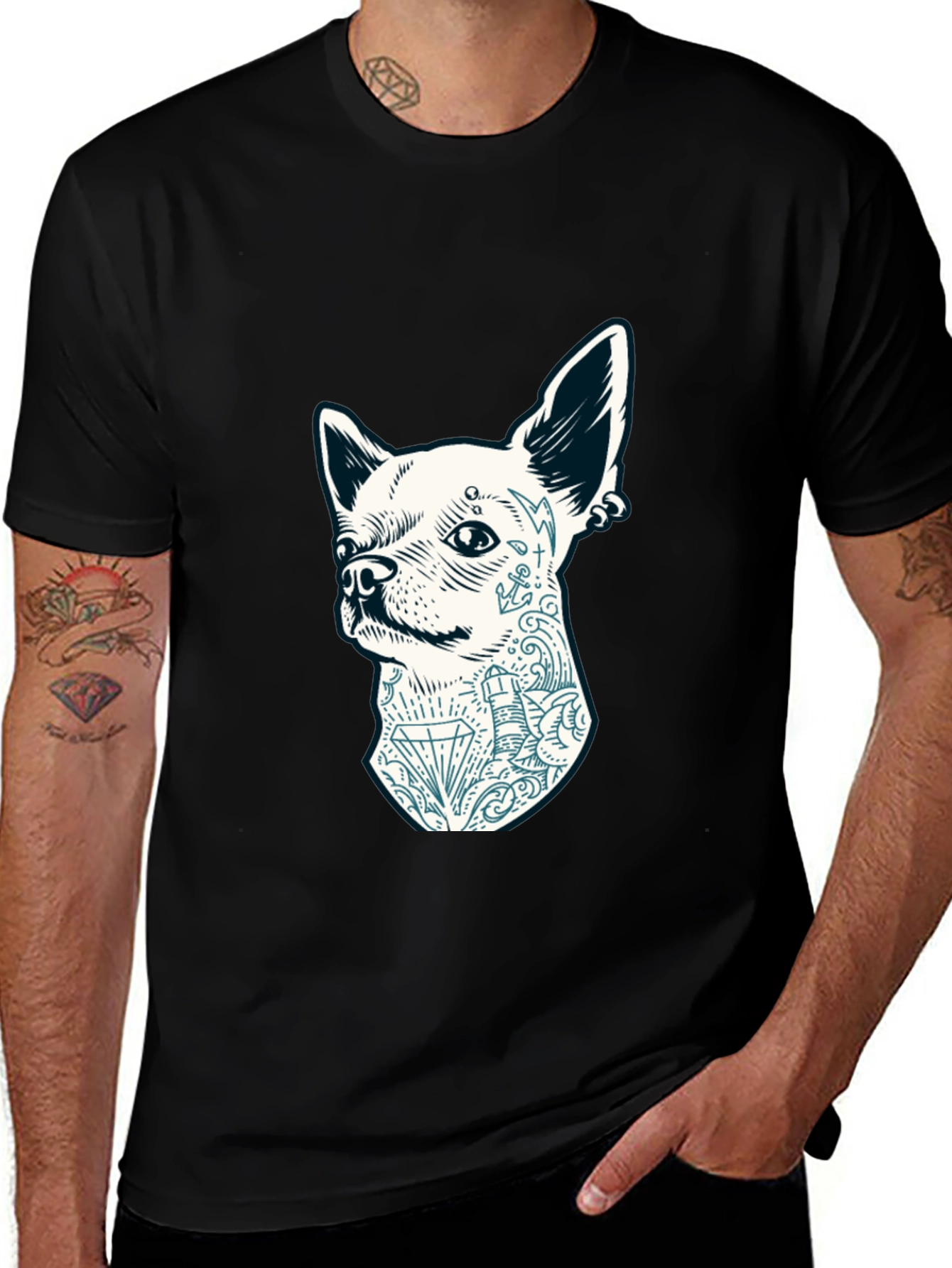 Dog Tattoo Graphic Tee - Black Cotton Casual T-Shirt