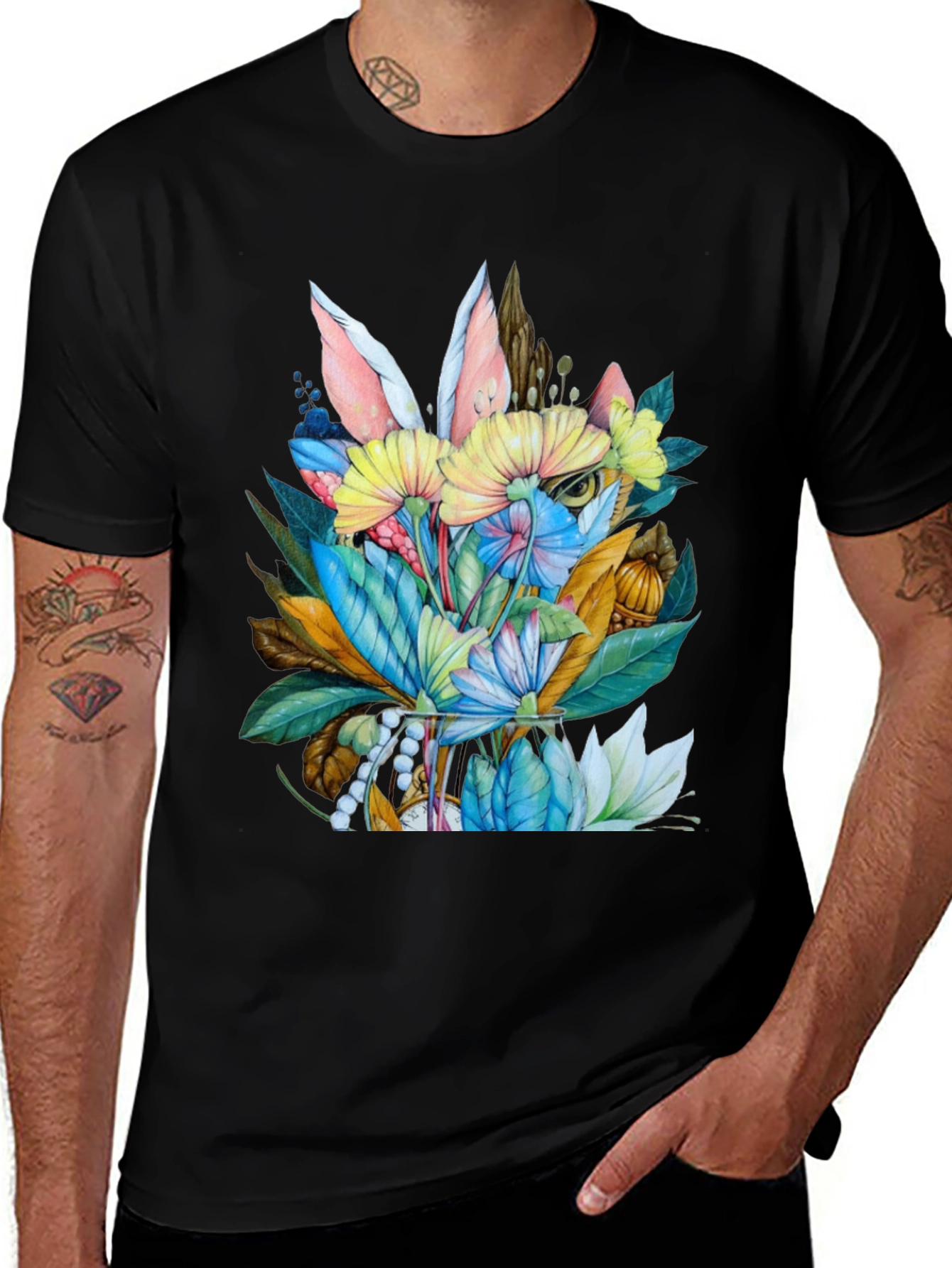 Variant 14 of Floral Bunny Graphic Tee - Unique Watercolor Design