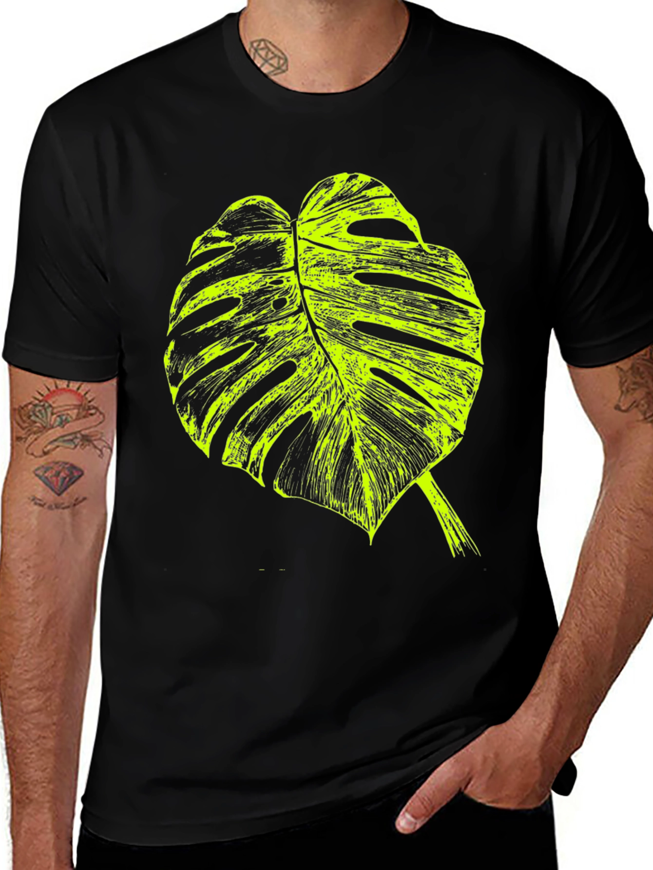 Variant 20 of Neon Monstera Leaf Graphic Black T-Shirt