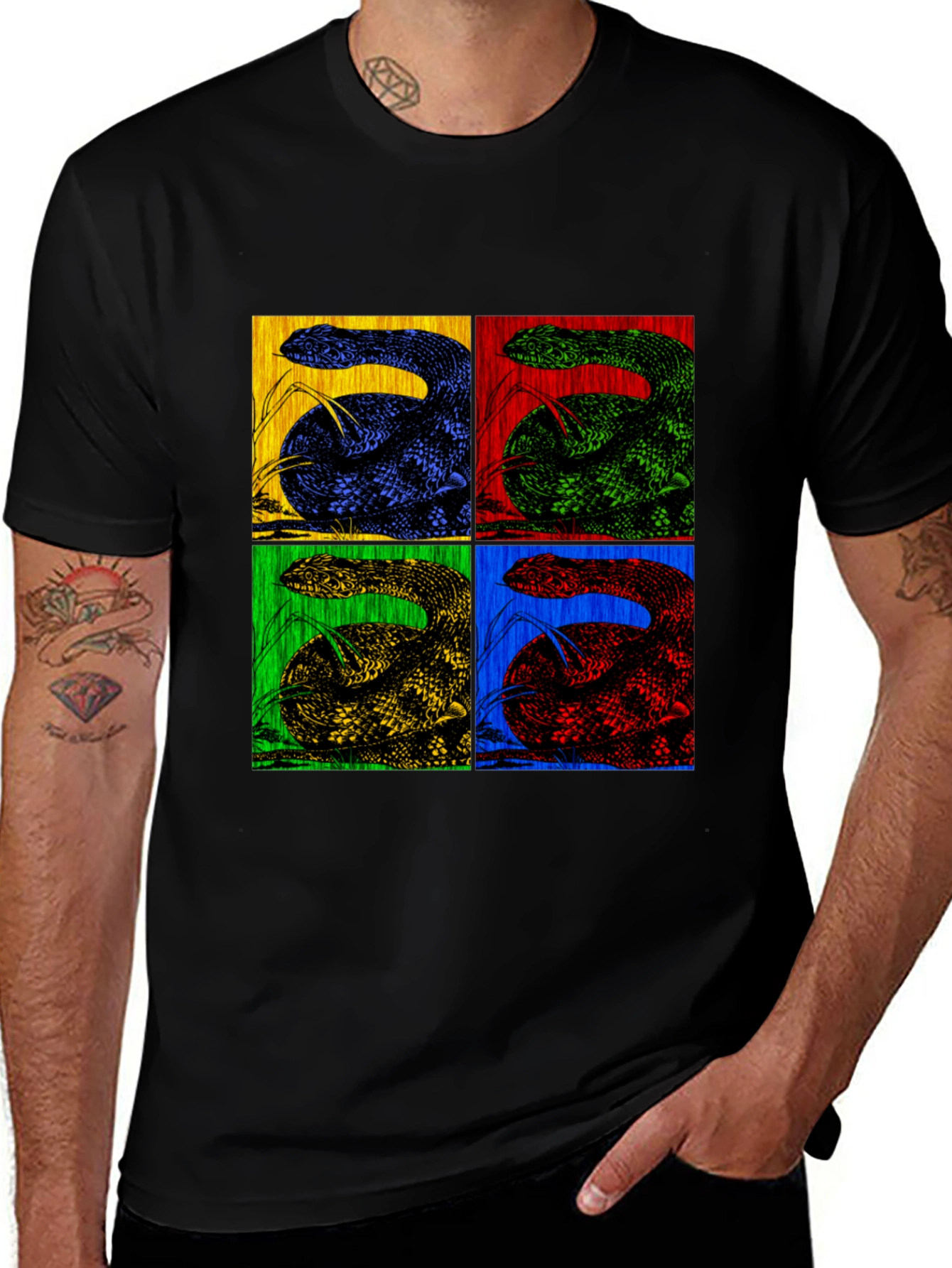Black Retro Snake Pop Art Black T-Shirt main image