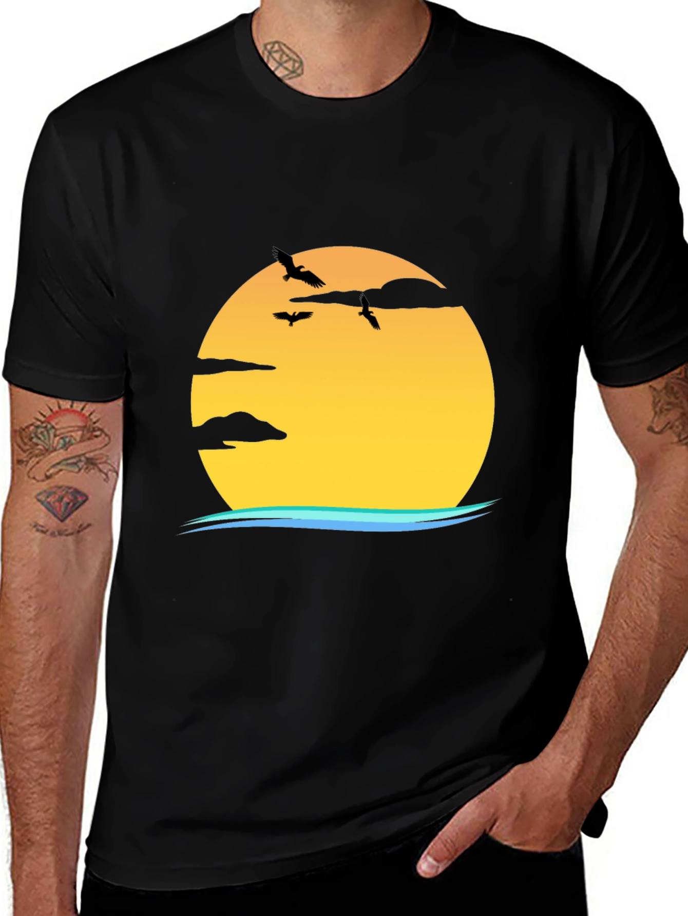 Variant 9 of Sunset Bird Graphic Tee - Casual Black T-Shirt