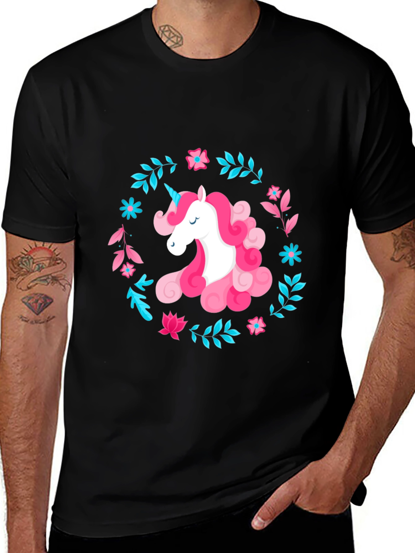 Variant 22 of Unicorn Graphic Tee - Floral Wreath Design Black T-Shirt