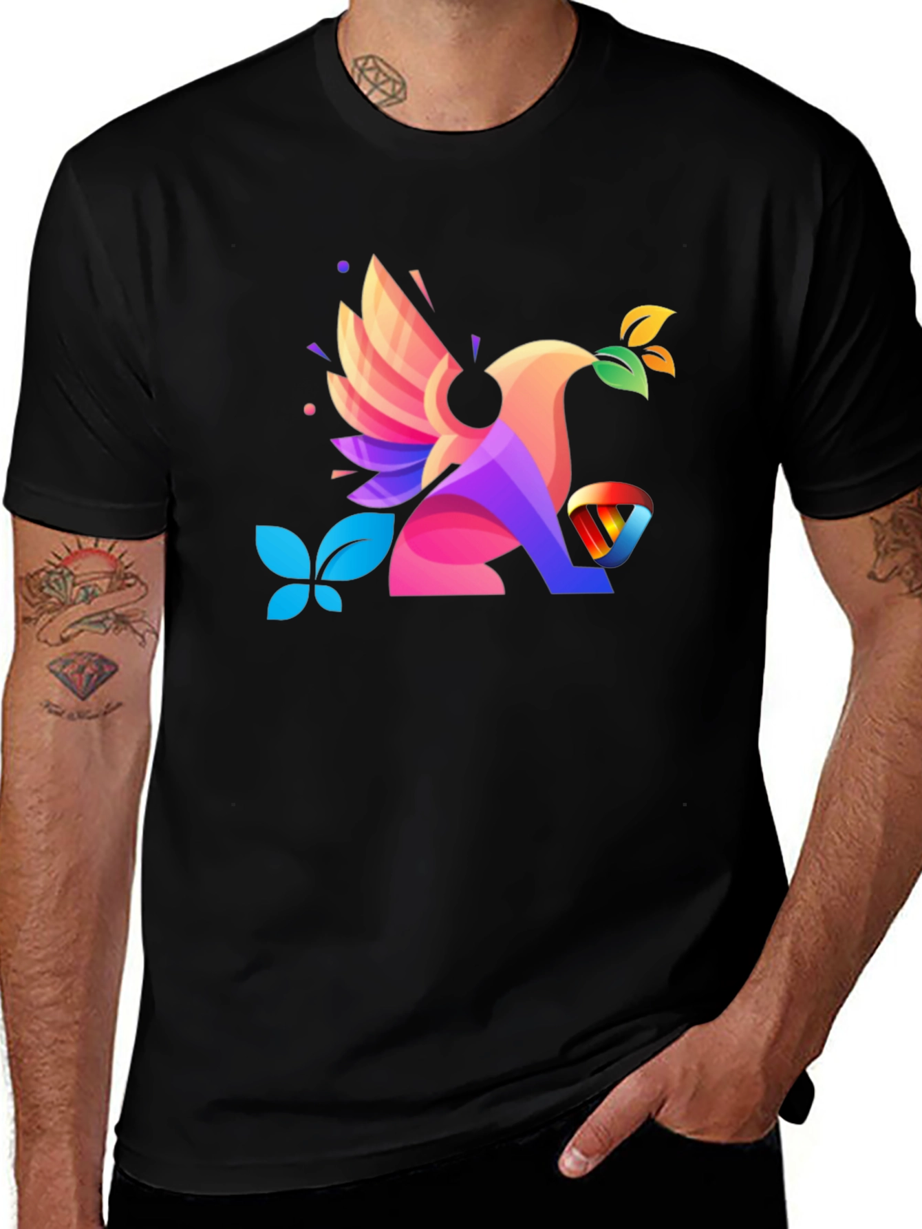 Black Colorful Geometric Bird Graphic T-Shirt main image