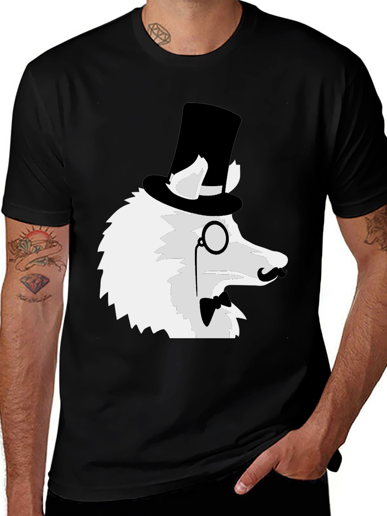 Black Dapper Dog T-Shirt: Top Hat Monocle Bow Tie main image