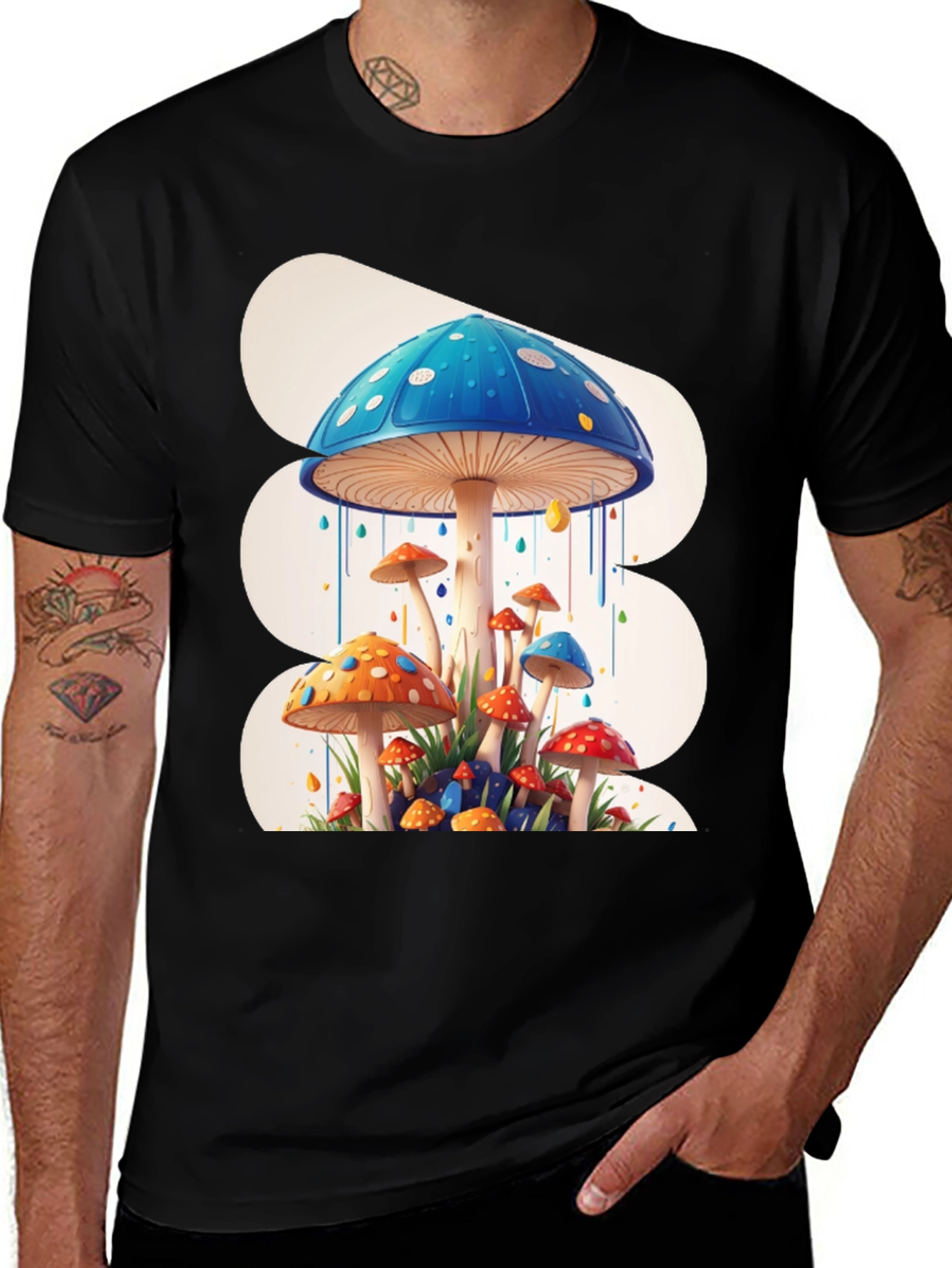 Variant 26 of Funky Mushroom Graphic Tee - Black Cotton