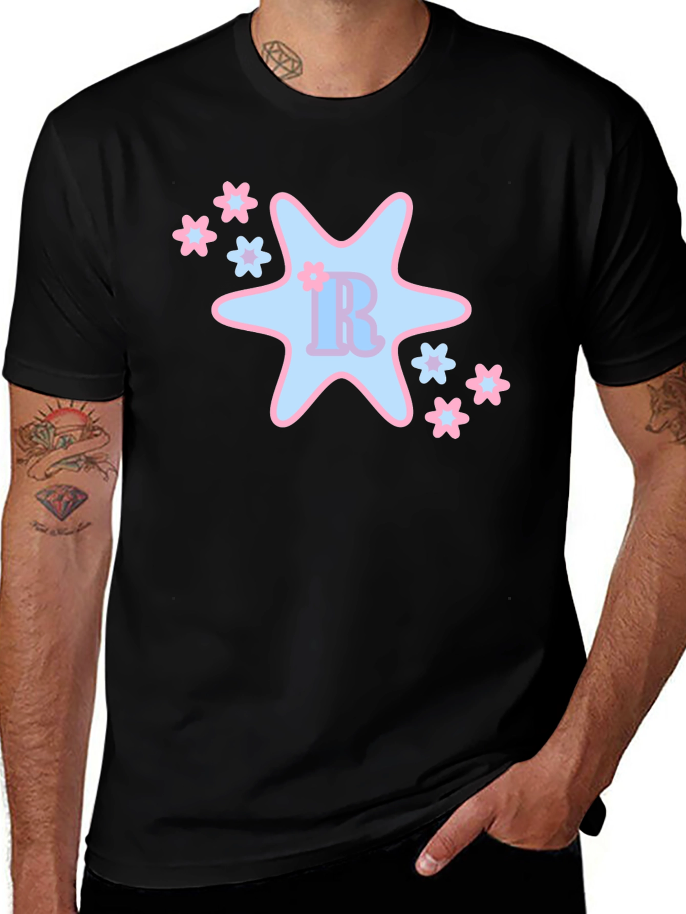 Variant 9 of Black T-Shirt with Cute Star & Floral Design